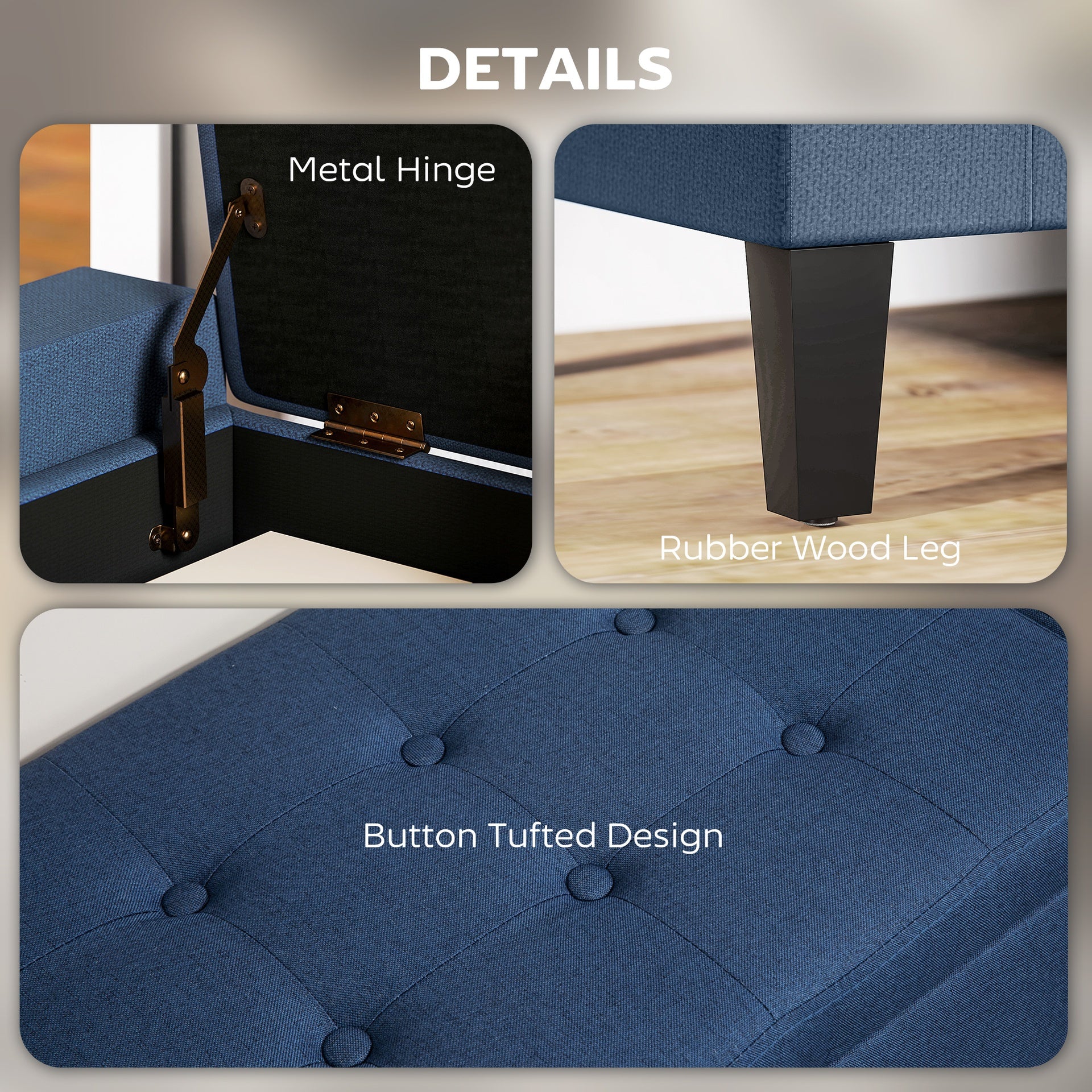 HOMCOM Upholstered Storage Ottoman Bench, Button Tufted Ottoman with Hidden Storage, Lift Top for Living Room, Dark Blue