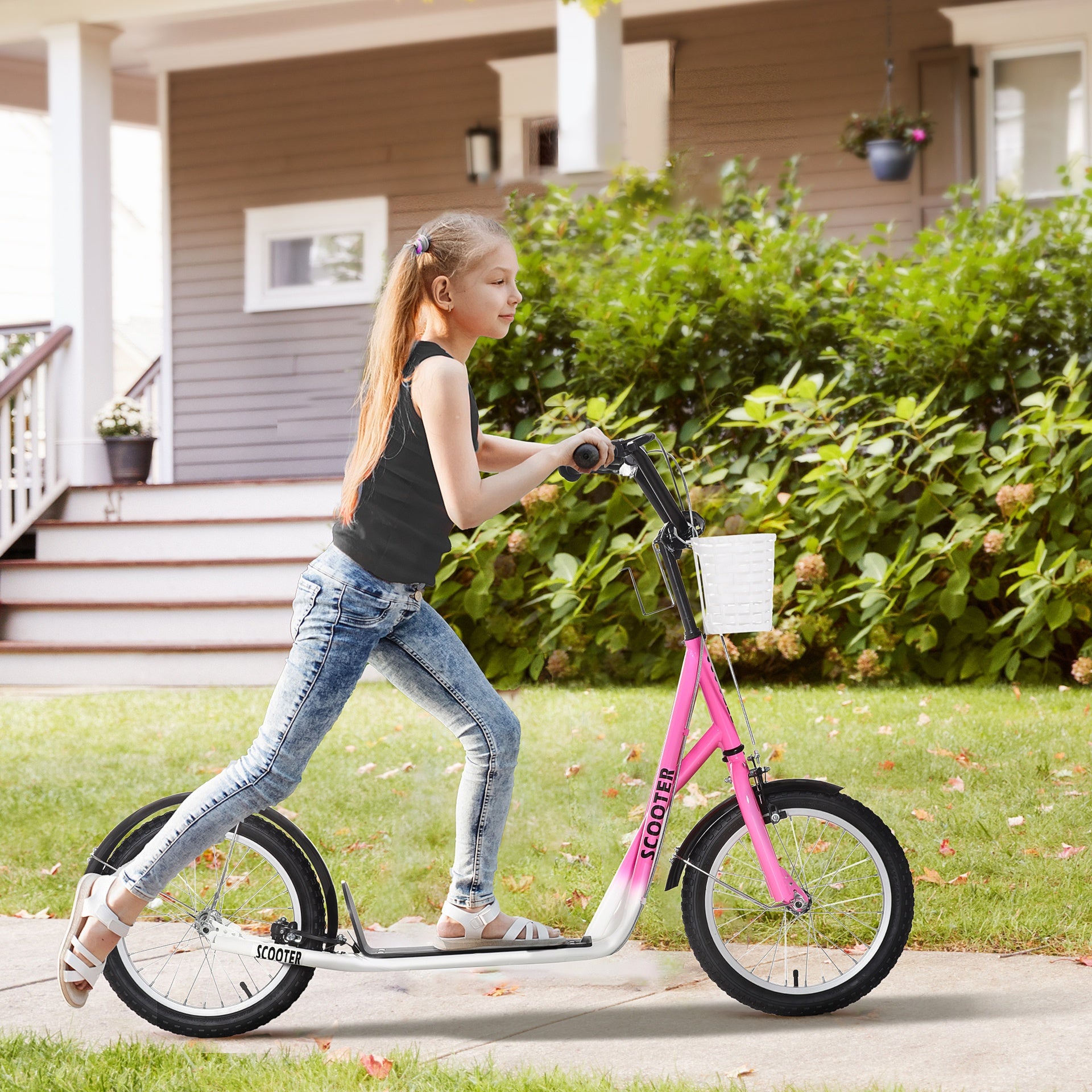 Aosom Youth Scooter, Kick Scooter with Adjustable Handlebars, Double Brakes, 16" Inflatable Rubber Tires, Basket, Cupholder, Pink