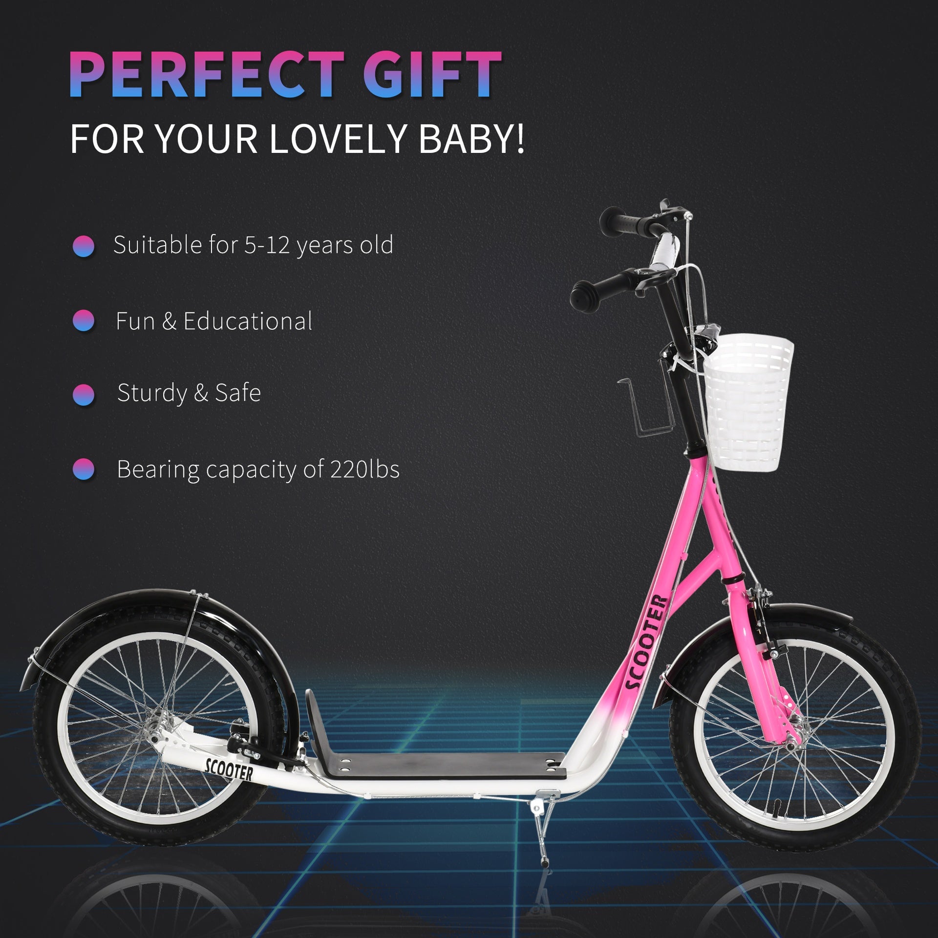 Aosom Youth Scooter, Kick Scooter with Adjustable Handlebars, Double Brakes, 16" Inflatable Rubber Tires, Basket, Cupholder, Pink