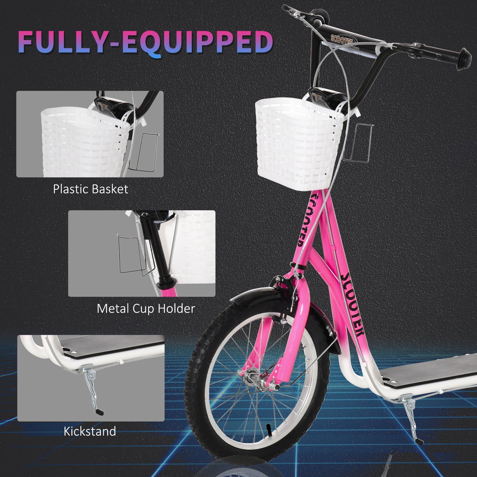 Aosom Youth Scooter, Kick Scooter with Adjustable Handlebars, Double Brakes, 16" Inflatable Rubber Tires, Basket, Cupholder, Pink