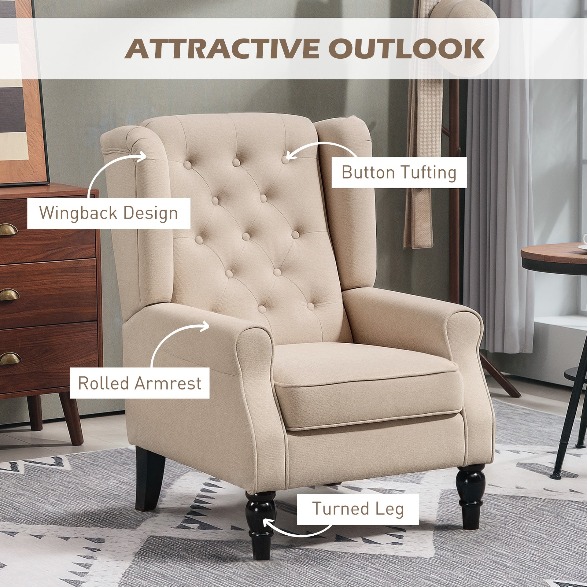 HOMCOM Wingback Accent Chair for Living Room, Button-Tufted Lounge Chair with Round Armrests and Wood Legs, Beige