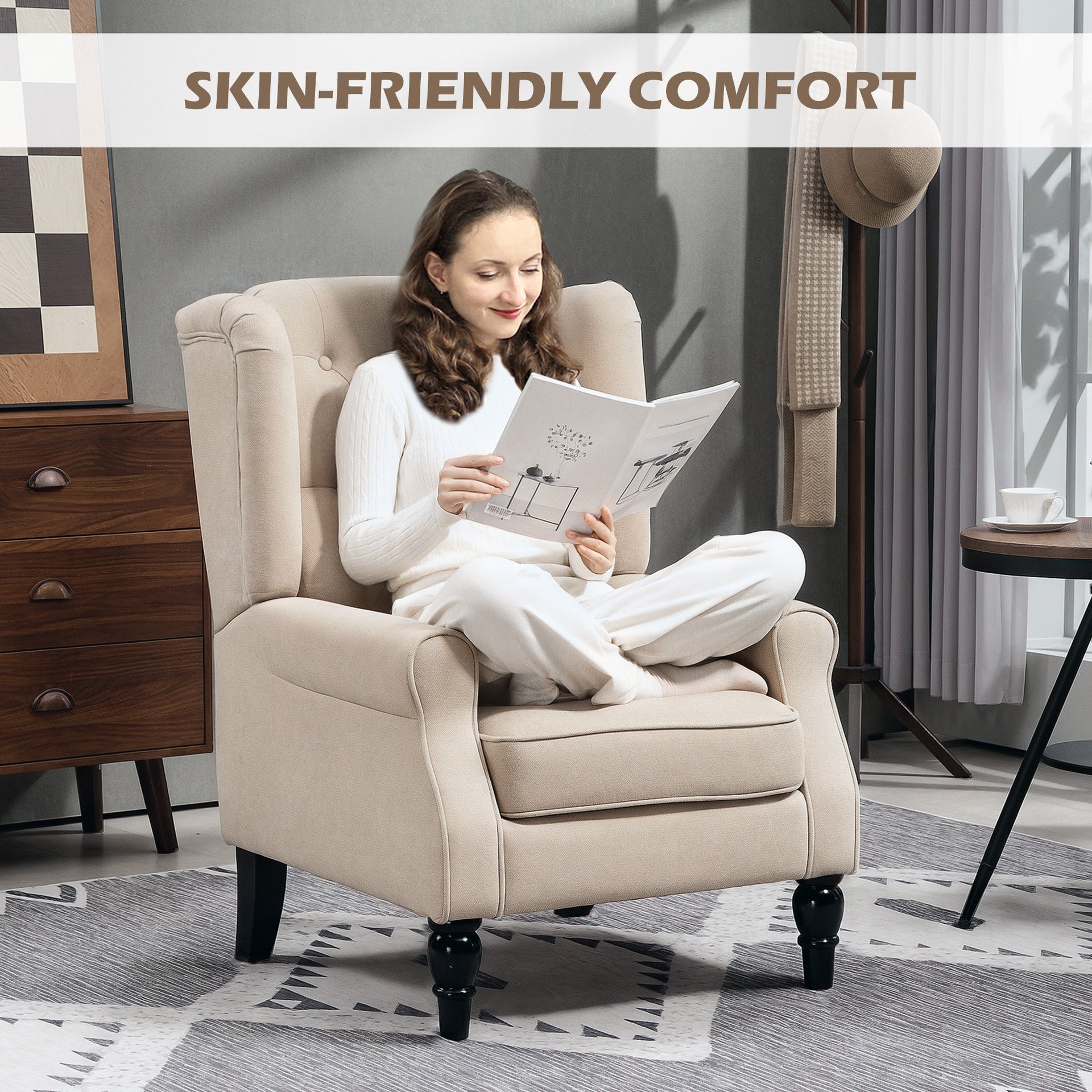 HOMCOM Wingback Accent Chair for Living Room, Button-Tufted Lounge Chair with Round Armrests and Wood Legs, Beige