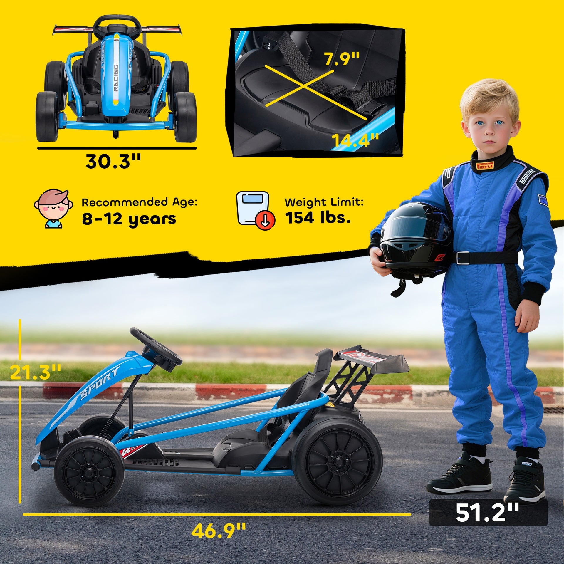 Qaba 24V 7AH Kids Electric Go Kart, 8.1 MPH Battery Powered Drift Kart with Dual Motors, Soft Start for 8-12 Years, Blue