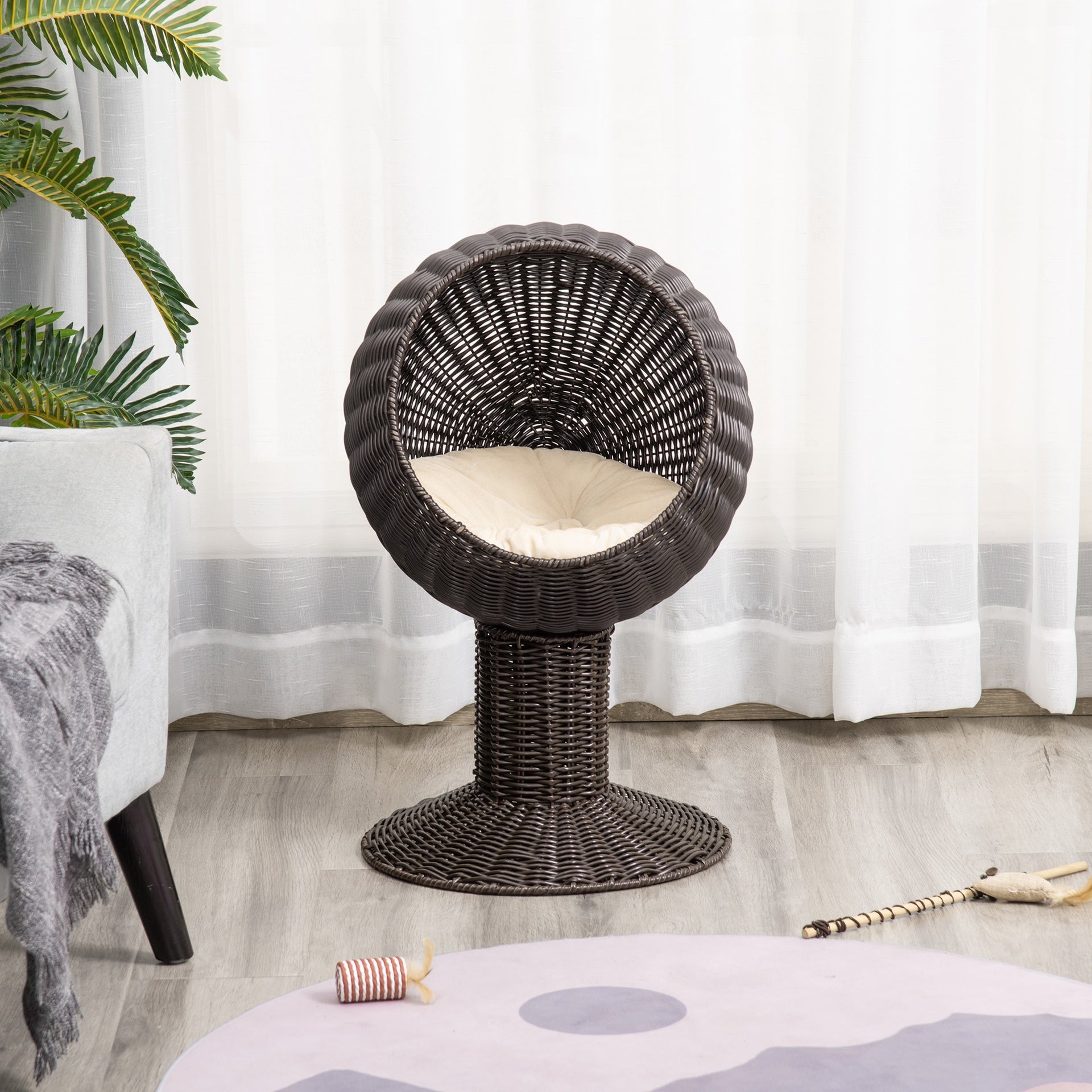 PawHut Elevated Cat Bed with Rotatable Egg Chair Pod, Cat Basket Bed with Thick Cushion, Natural Mat Grass Woven Kitty House, Coffee
