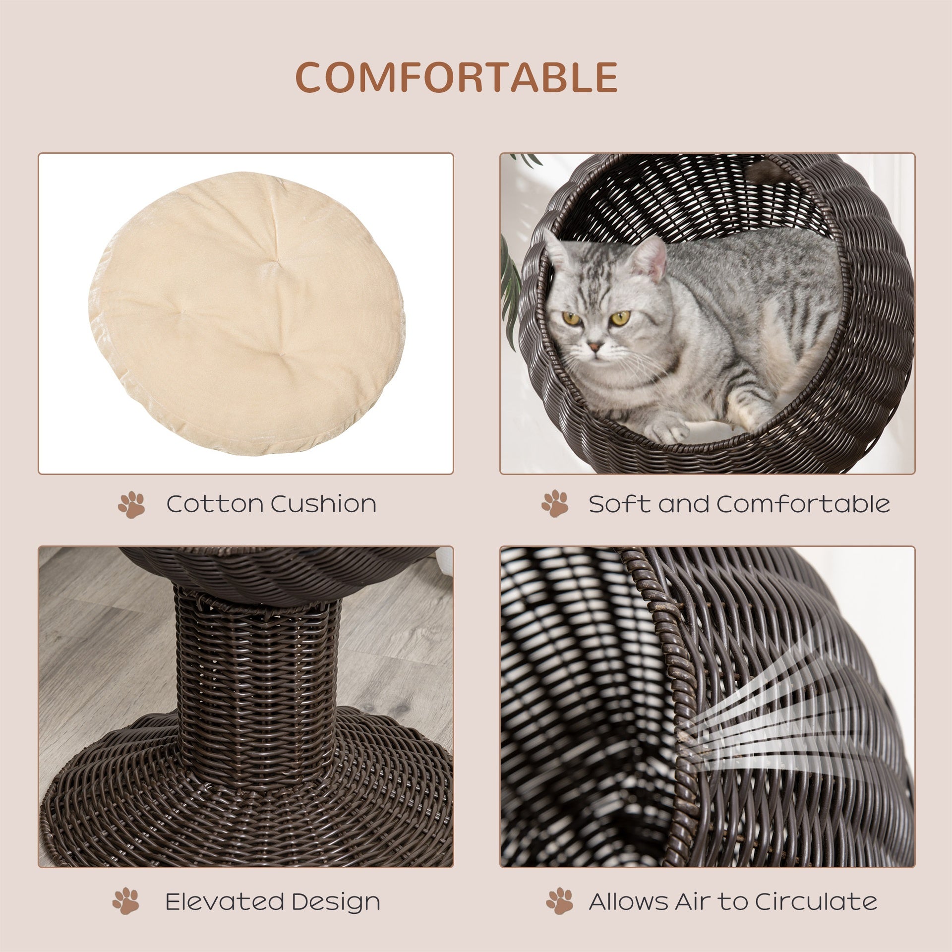 PawHut Elevated Cat Bed with Rotatable Egg Chair Pod, Cat Basket Bed with Thick Cushion, Natural Mat Grass Woven Kitty House, Coffee
