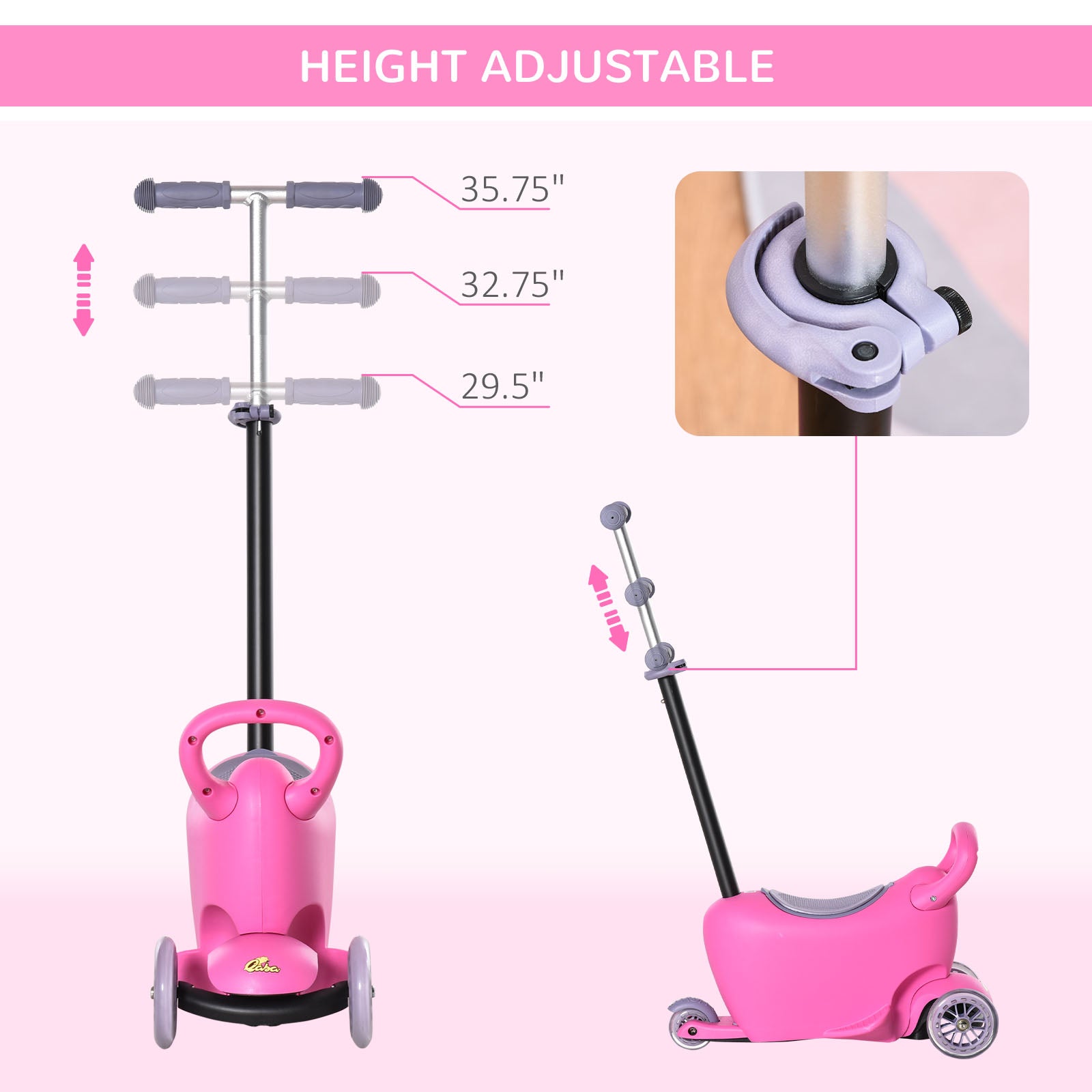 Qaba 3-in-1 Ride On Push Car, Kids Scooter, Sliding Walker, Push Rider, with Adjustable Handlebar, 3 Balanced Wheels, Removable Storage Seat, for Boys and Girls Aged 2-6 Years Olds, Pink