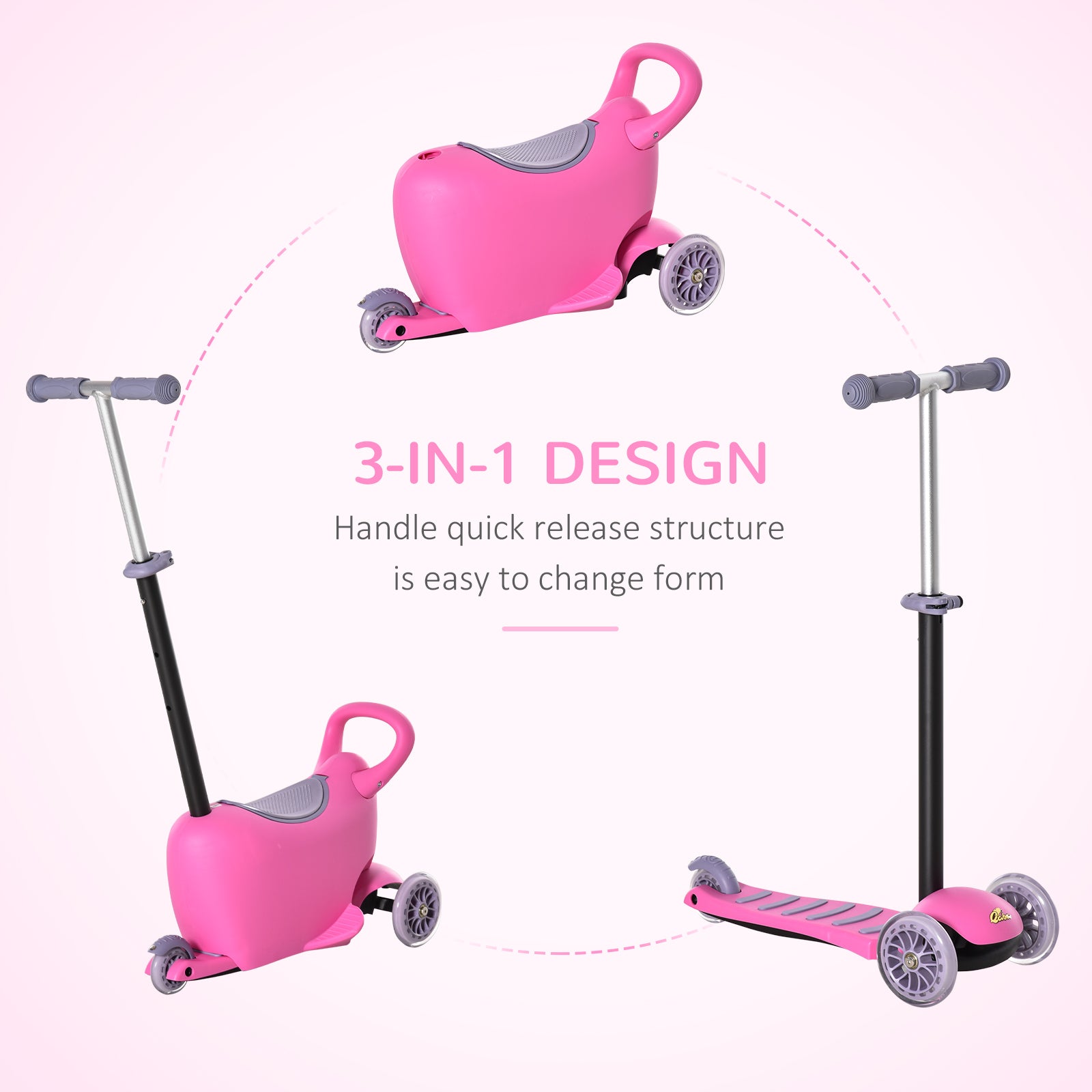 Qaba 3-in-1 Ride On Push Car, Kids Scooter, Sliding Walker, Push Rider, with Adjustable Handlebar, 3 Balanced Wheels, Removable Storage Seat, for Boys and Girls Aged 2-6 Years Olds, Pink