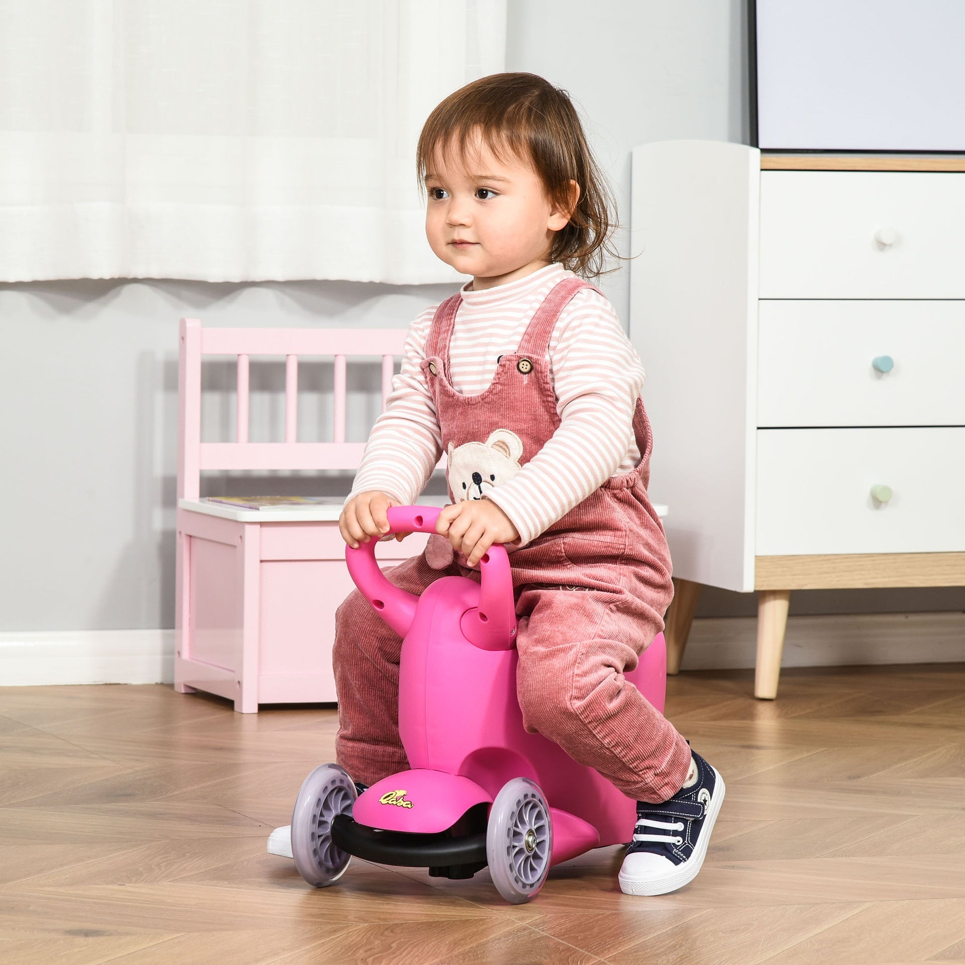 Qaba 3-in-1 Ride On Push Car, Kids Scooter, Sliding Walker, Push Rider, with Adjustable Handlebar, 3 Balanced Wheels, Removable Storage Seat, for Boys and Girls Aged 2-6 Years Olds, Pink