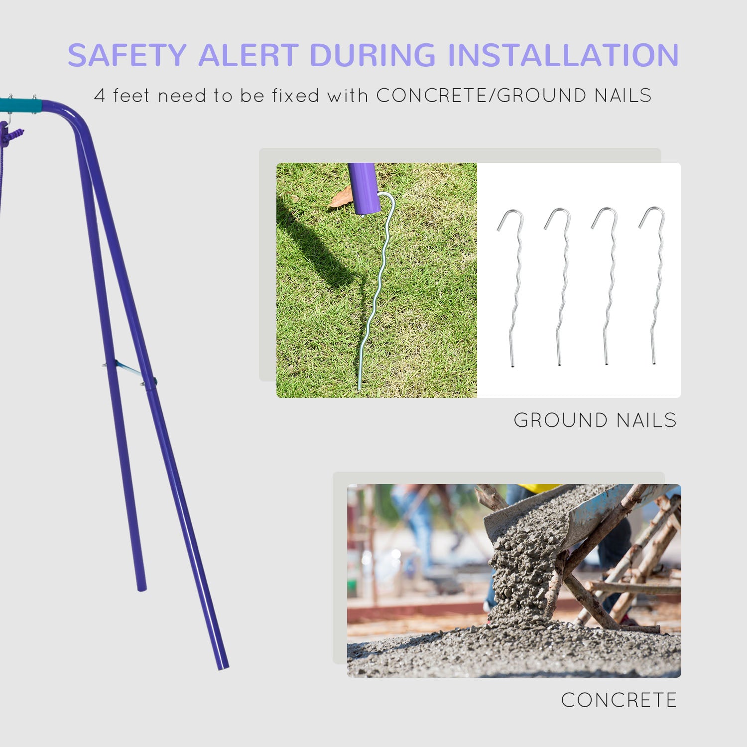 Outsunny Metal Swing Set with Glider, Two S Seats and Adjustable Height, Outdoor Heavy Duty A-Frame Kids Playset Suitable for Playground, Backyard, Purple