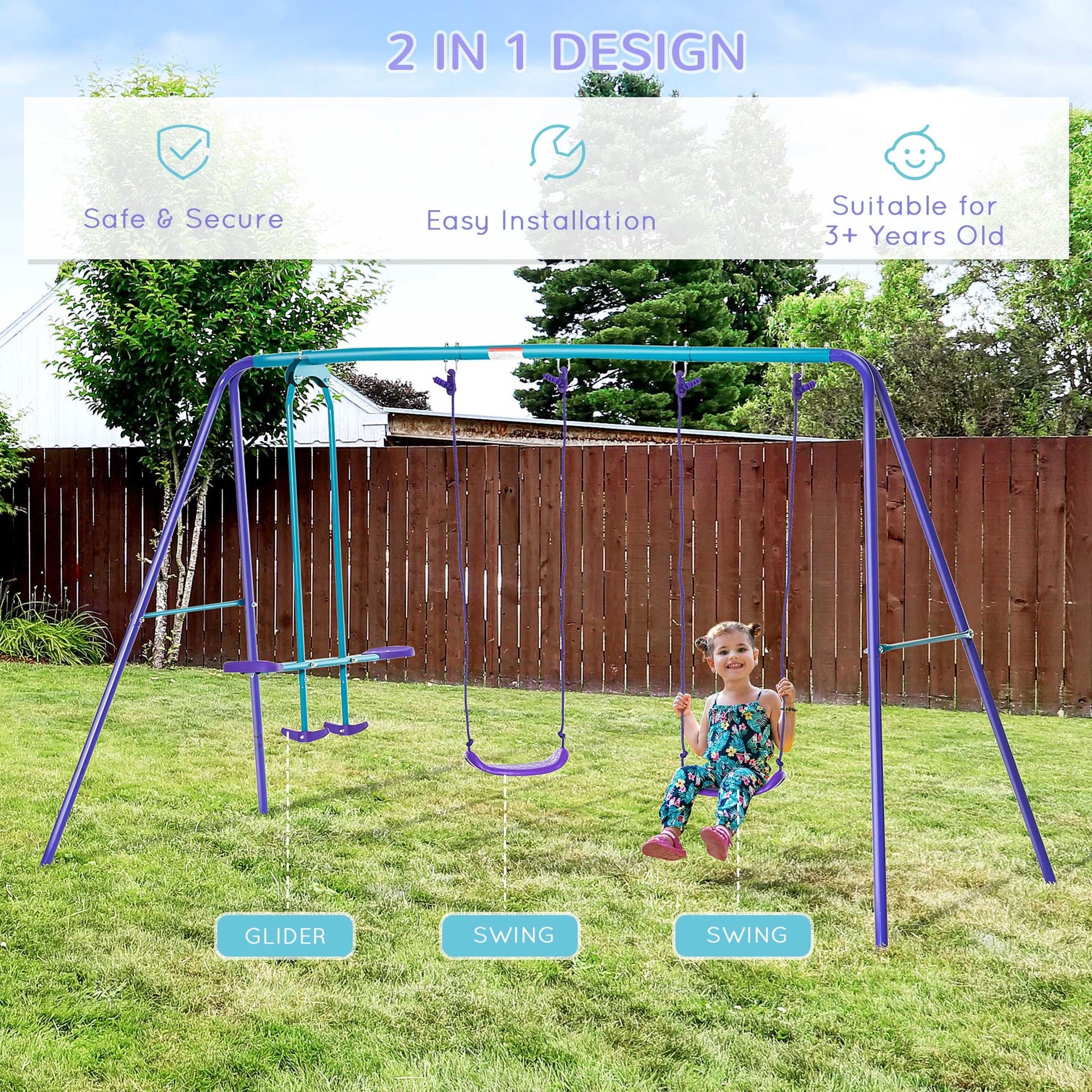 Outsunny Metal Swing Set with Glider, Two S Seats and Adjustable Height, Outdoor Heavy Duty A-Frame Kids Playset Suitable for Playground, Backyard, Purple