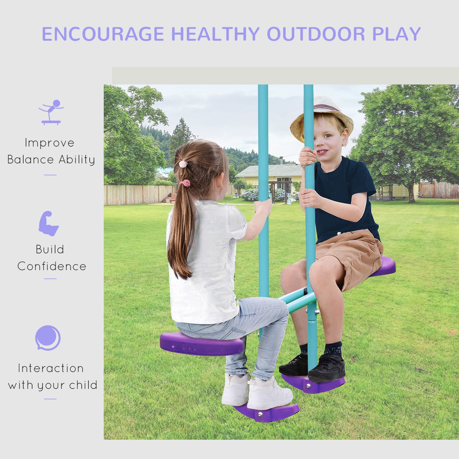 Outsunny Metal Swing Set with Glider, Two S Seats and Adjustable Height, Outdoor Heavy Duty A-Frame Kids Playset Suitable for Playground, Backyard, Purple
