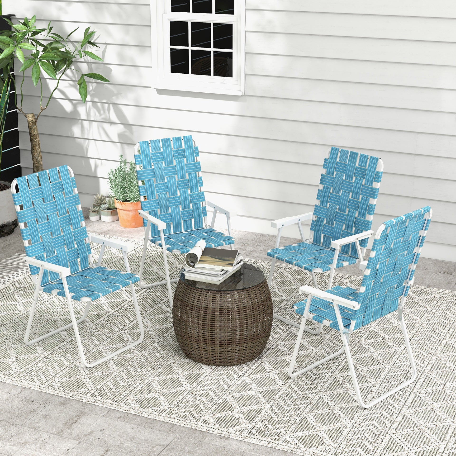 Outsunny Set of 4 Patio Folding Chairs, Classic Outdoor Camping Chairs, Portable Lawn Chairs w/ Armrests, Blue