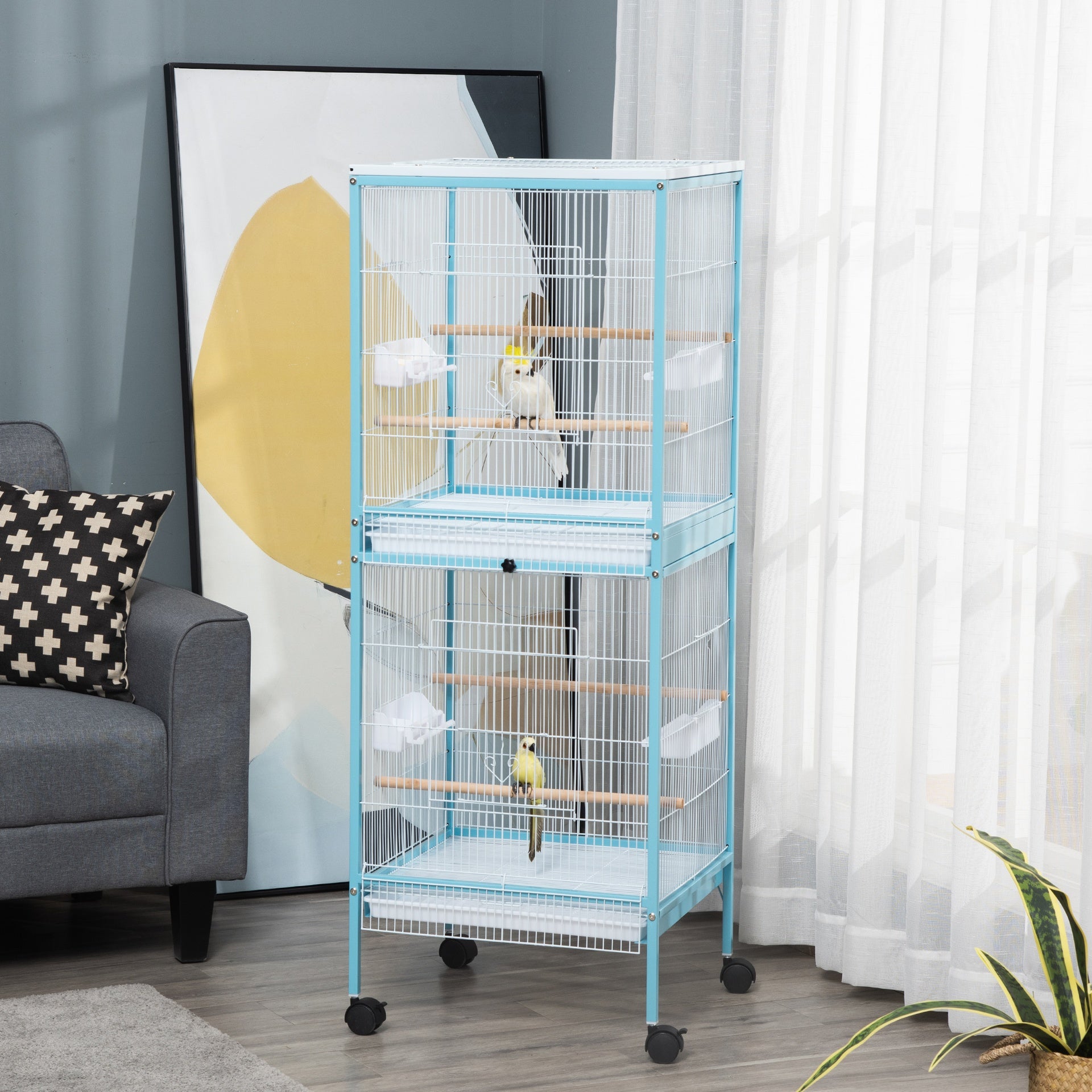 PawHut 55" 2 In 1 Bird Cage Aviary Parakeet House for finches, budgies with Wheels, Light Blue