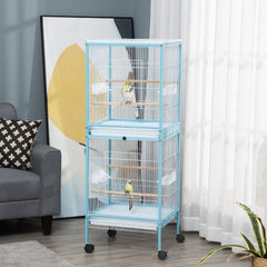 PawHut 55" 2 In 1 Bird Cage Aviary Parakeet House for finches, budgies with Wheels, Light Blue