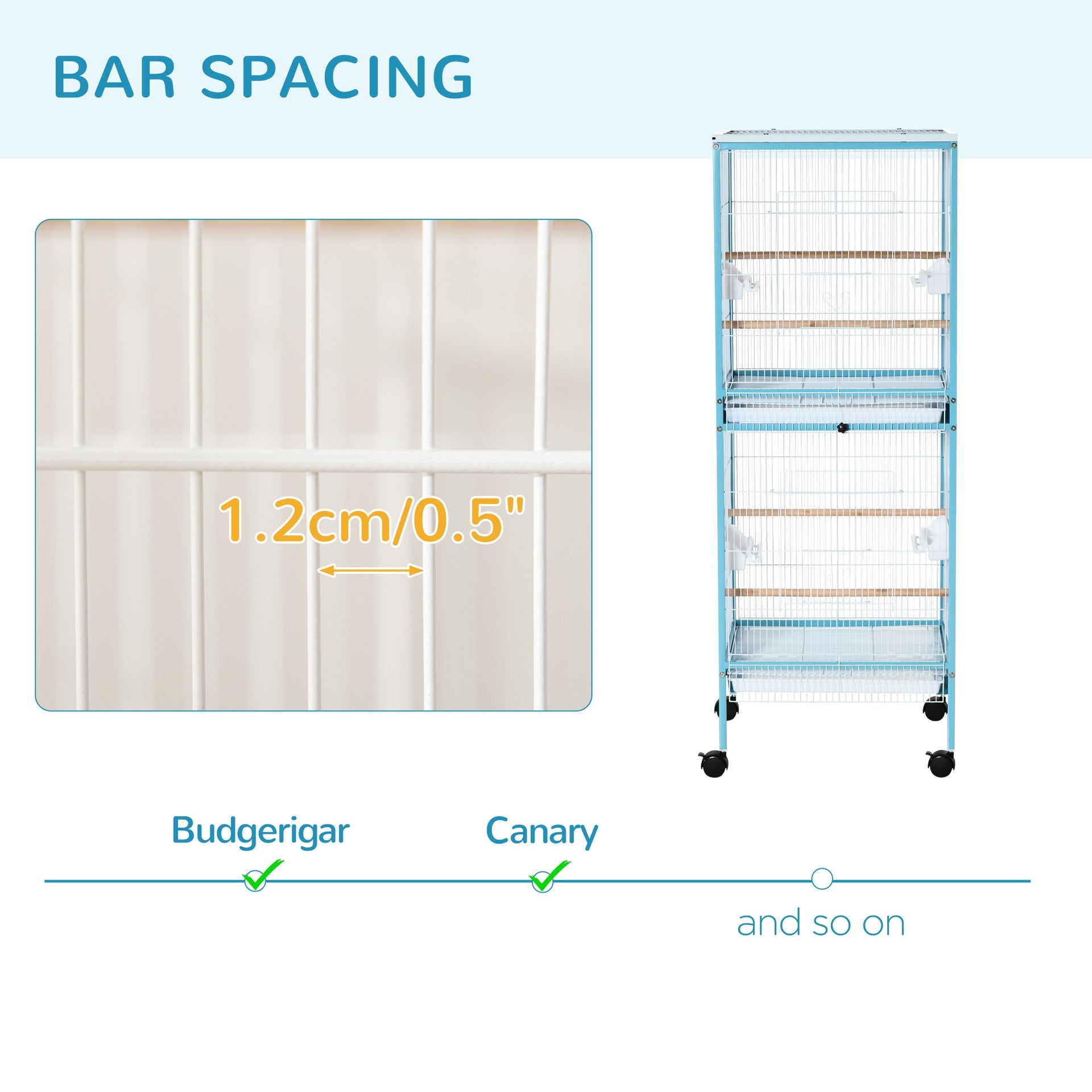 PawHut 55" 2 In 1 Bird Cage Aviary Parakeet House for finches, budgies with Wheels, Light Blue