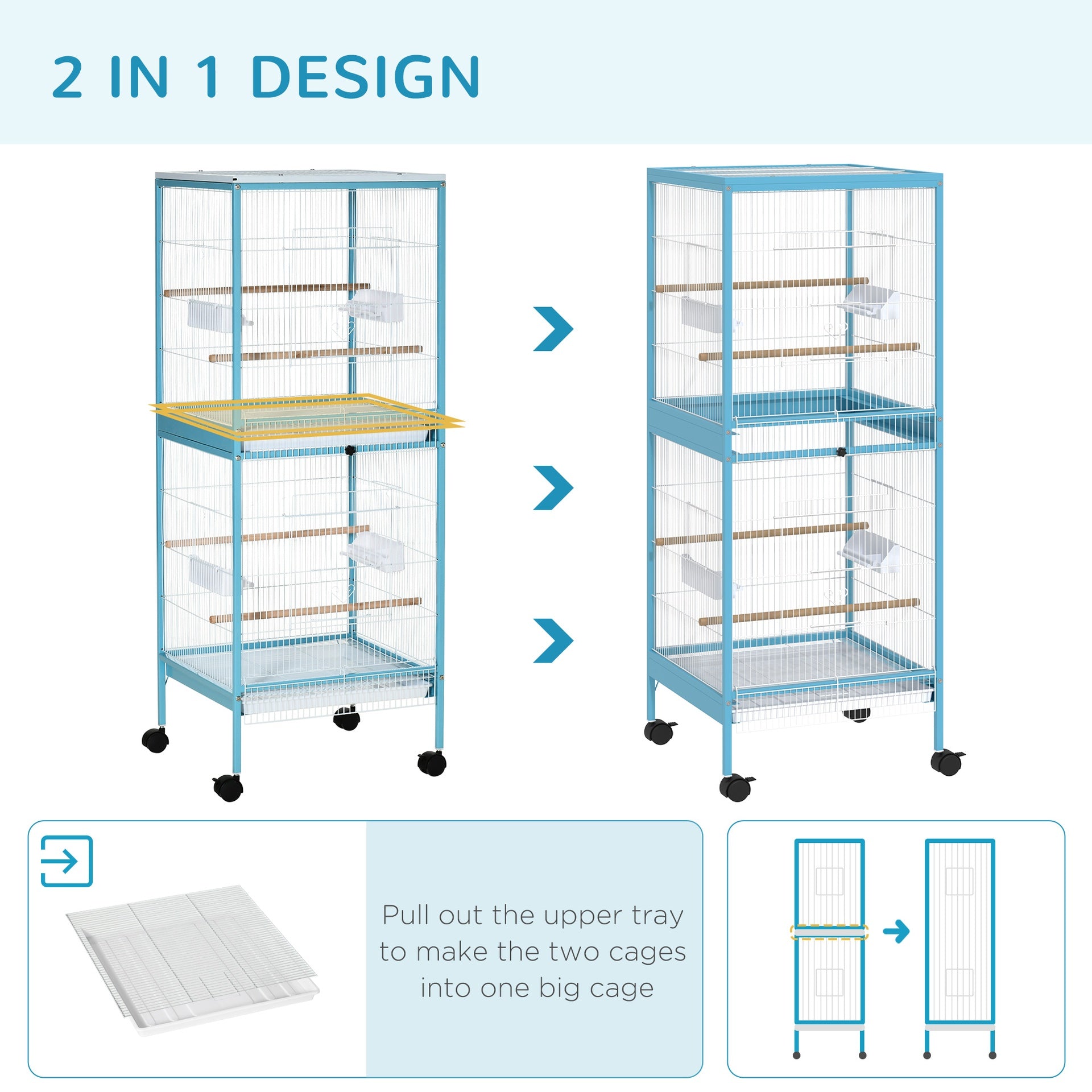 PawHut 55" 2 In 1 Bird Cage Aviary Parakeet House for finches, budgies with Wheels, Light Blue