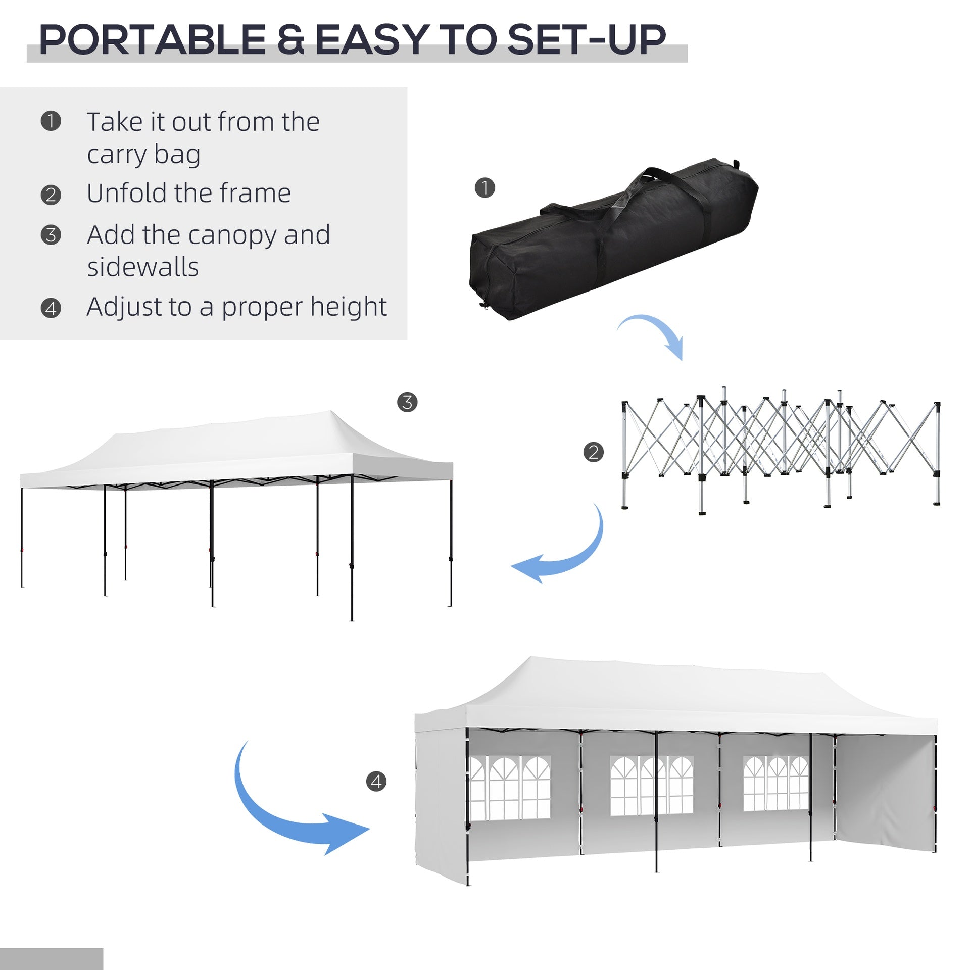 Outsunny 9.5' x 28' Pop Up Canopy Tent, Instant Tent for Parties, Height Adjustable, with Carry Bag and Sand Bags