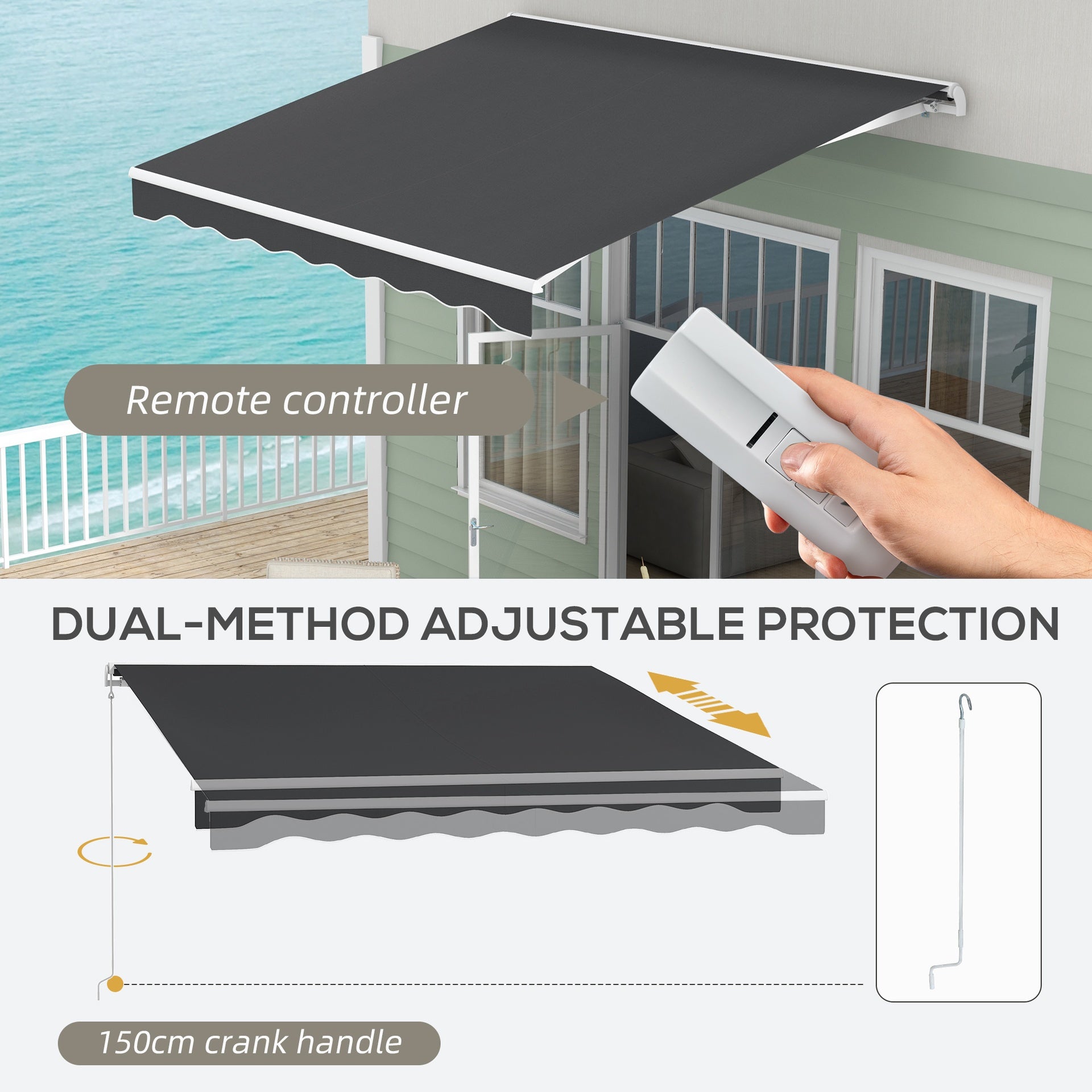 Outsunny 10' x 8' Electric Retractable Awning, Sun Shade Shelter，Remote Controller and Crank Handle for Deck, Balcony, Yard,