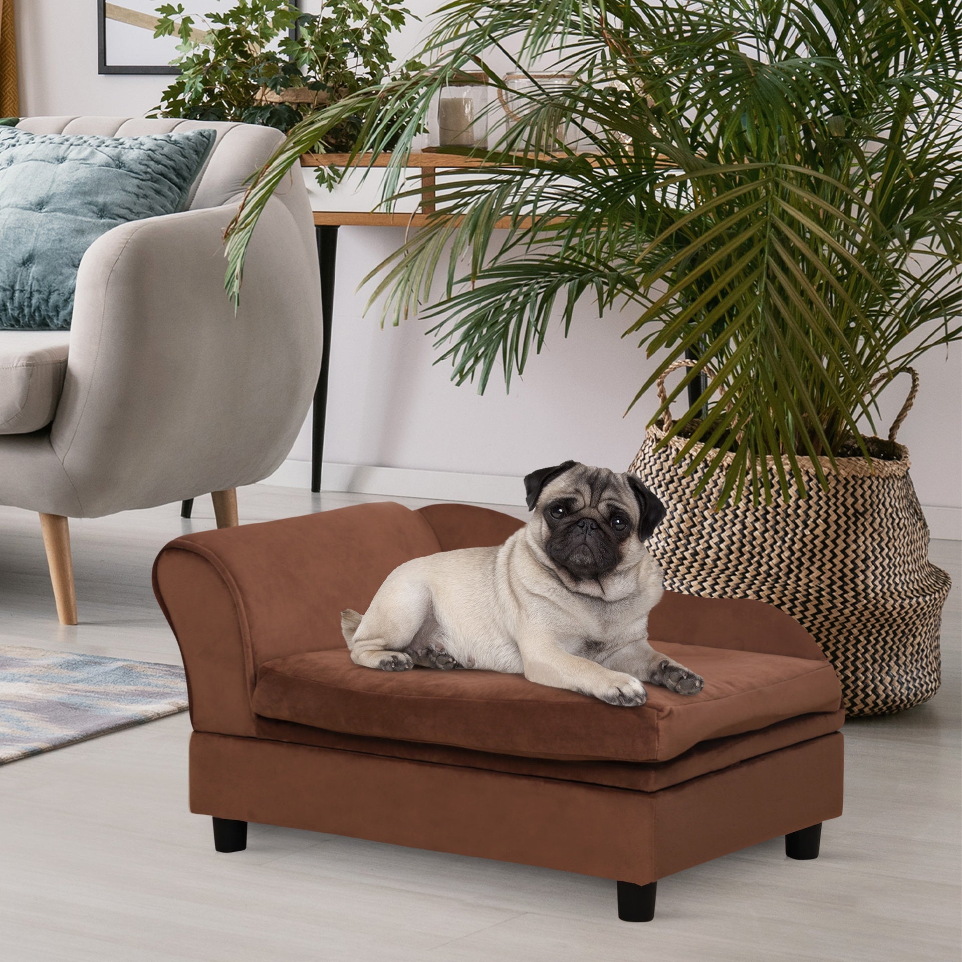 PawHut Pet Sofa Bed Couch with Storage, Pet Sofa for Cats and Small Dogs, Brown
