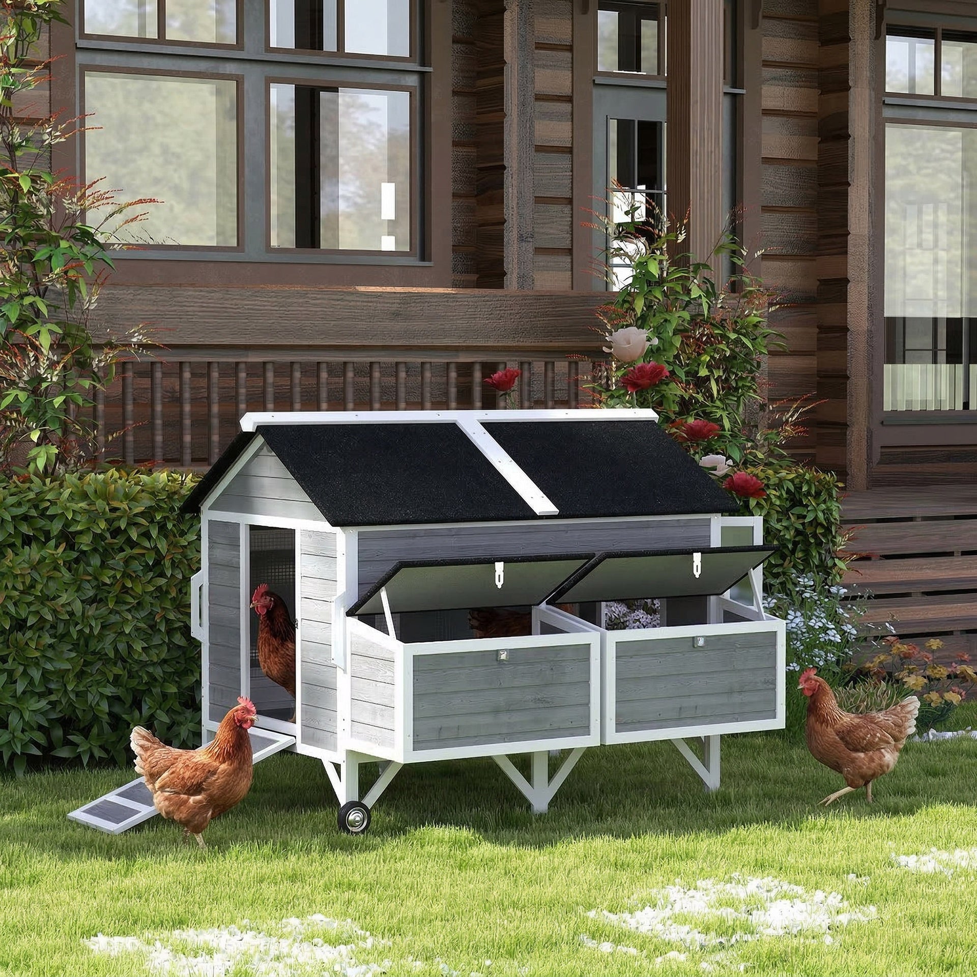 PawHut 59" Wooden Chicken Coop w/ Wheels, Handles, 2 Nesting Boxes, 2 Trays, 4 Perches, Chicken Tractor for 4-6 Chickens, Gray