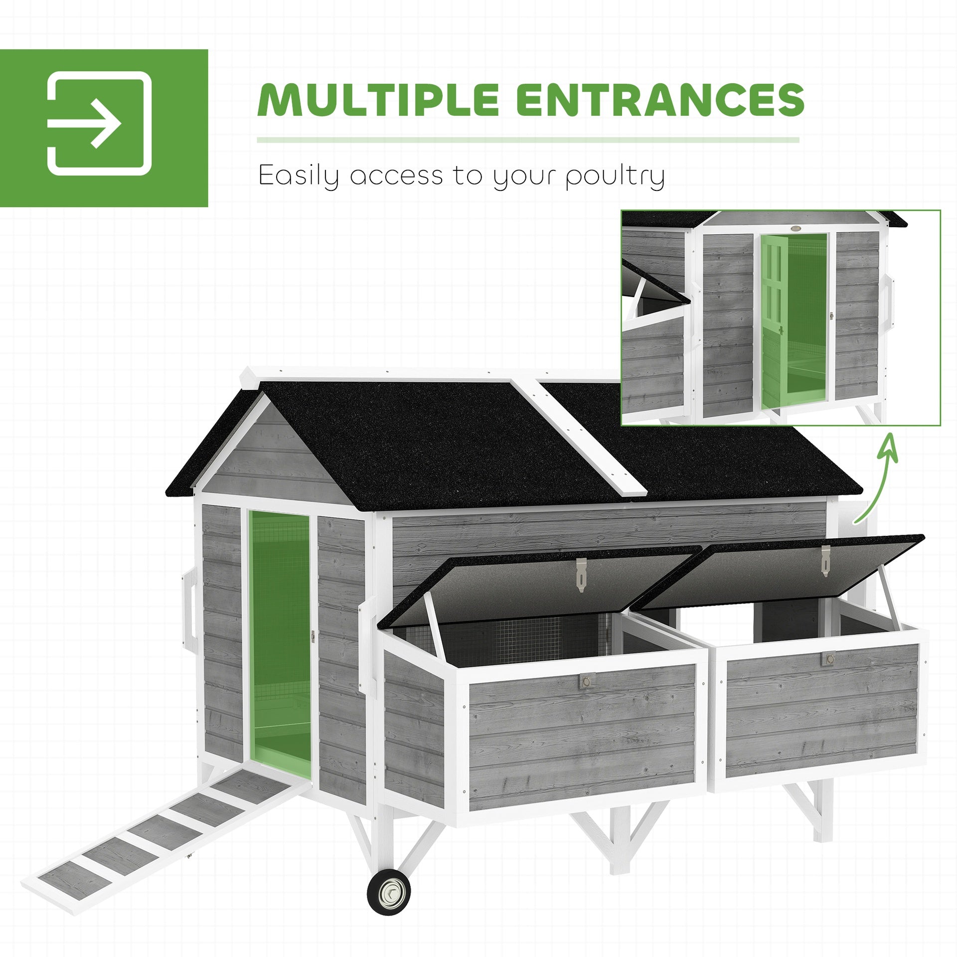 PawHut 59" Wooden Chicken Coop w/ Wheels, Handles, 2 Nesting Boxes, 2 Trays, 4 Perches, Chicken Tractor for 4-6 Chickens, Gray