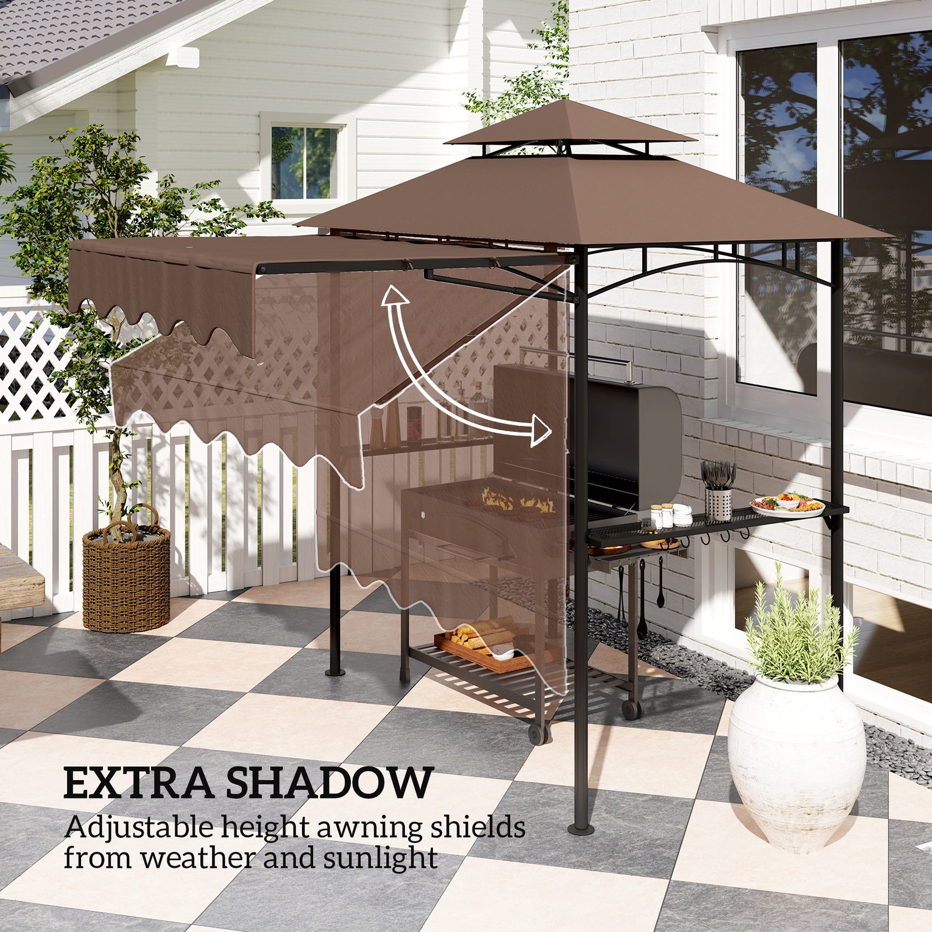 Outsunny 8' x 7.6' Outdoor Grill Gazebo, Barbecue Gazebo Shelter with Side Awning, 2 Side Shelves and 6 Hooks, Brown