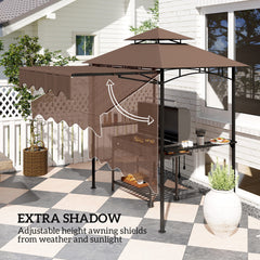 Outsunny 8' x 7.6' Outdoor Grill Gazebo, Barbecue Gazebo Shelter with Side Awning, 2 Side Shelves and 6 Hooks, Brown