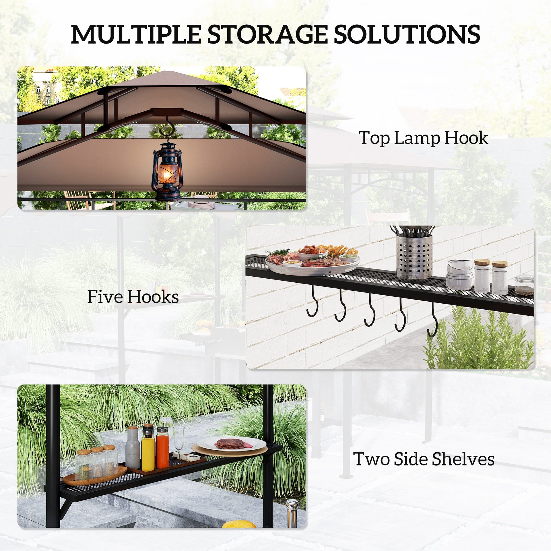 Outsunny 8' x 7.6' Outdoor Grill Gazebo, Barbecue Gazebo Shelter with Side Awning, 2 Side Shelves and 6 Hooks, Brown