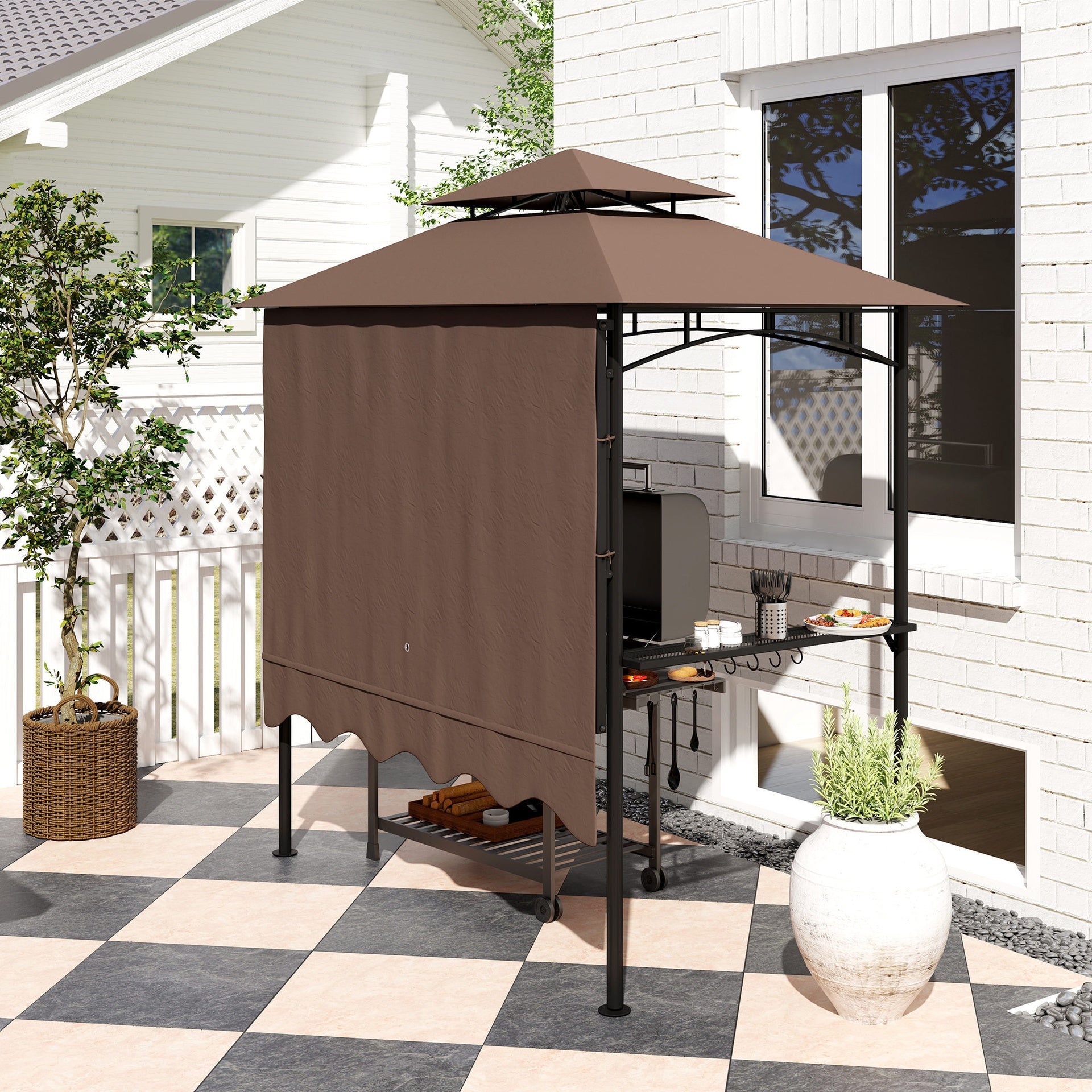Outsunny 8' x 7.6' Outdoor Grill Gazebo, Barbecue Gazebo Shelter with Side Awning, 2 Side Shelves and 6 Hooks, Brown