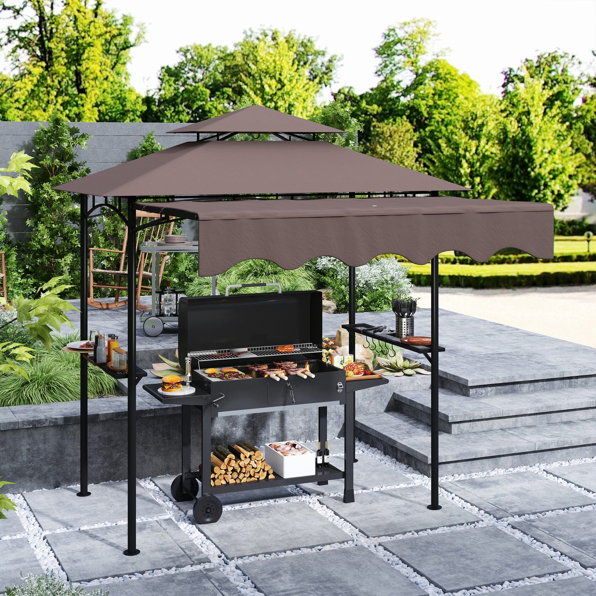 Outsunny 8' x 7.6' Outdoor Grill Gazebo, Barbecue Gazebo Shelter with Side Awning, 2 Side Shelves and 6 Hooks, Brown