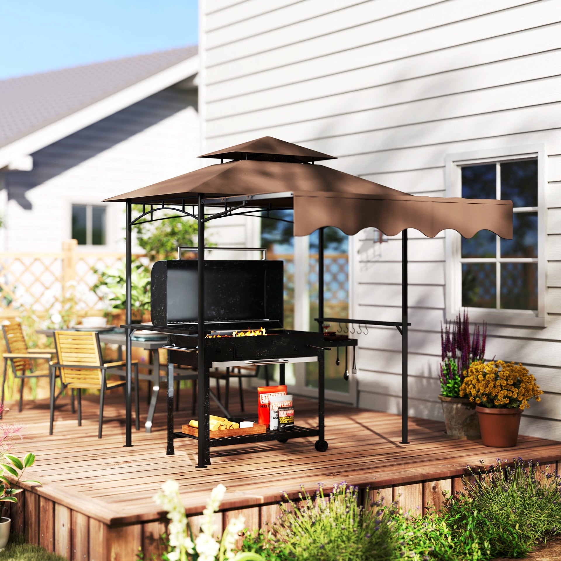 Outsunny 8' x 7.6' Outdoor Grill Gazebo, Barbecue Gazebo Shelter with Side Awning, 2 Side Shelves and 6 Hooks, Brown