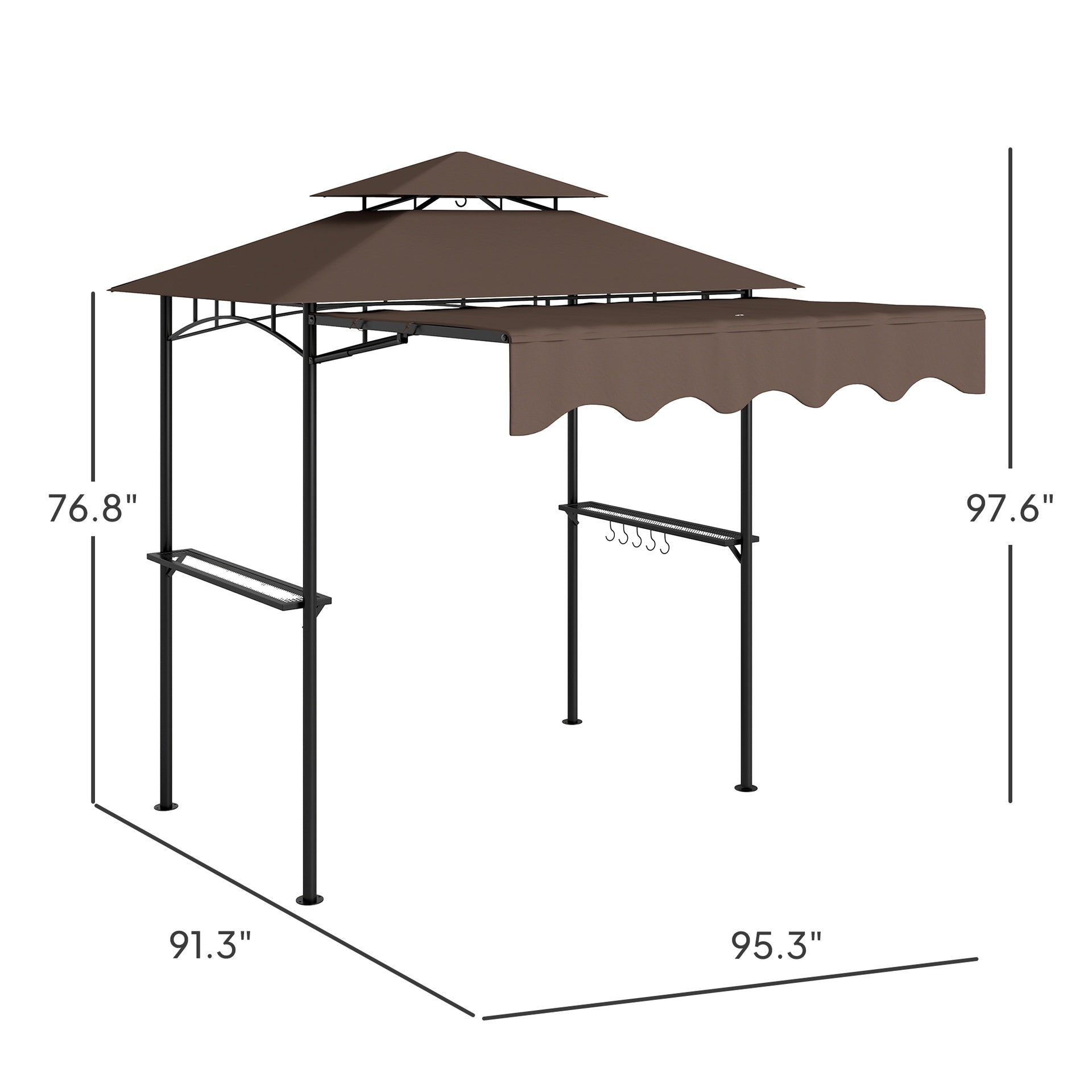 Outsunny 8' x 7.6' Outdoor Grill Gazebo, Barbecue Gazebo Shelter with Side Awning, 2 Side Shelves and 6 Hooks, Brown