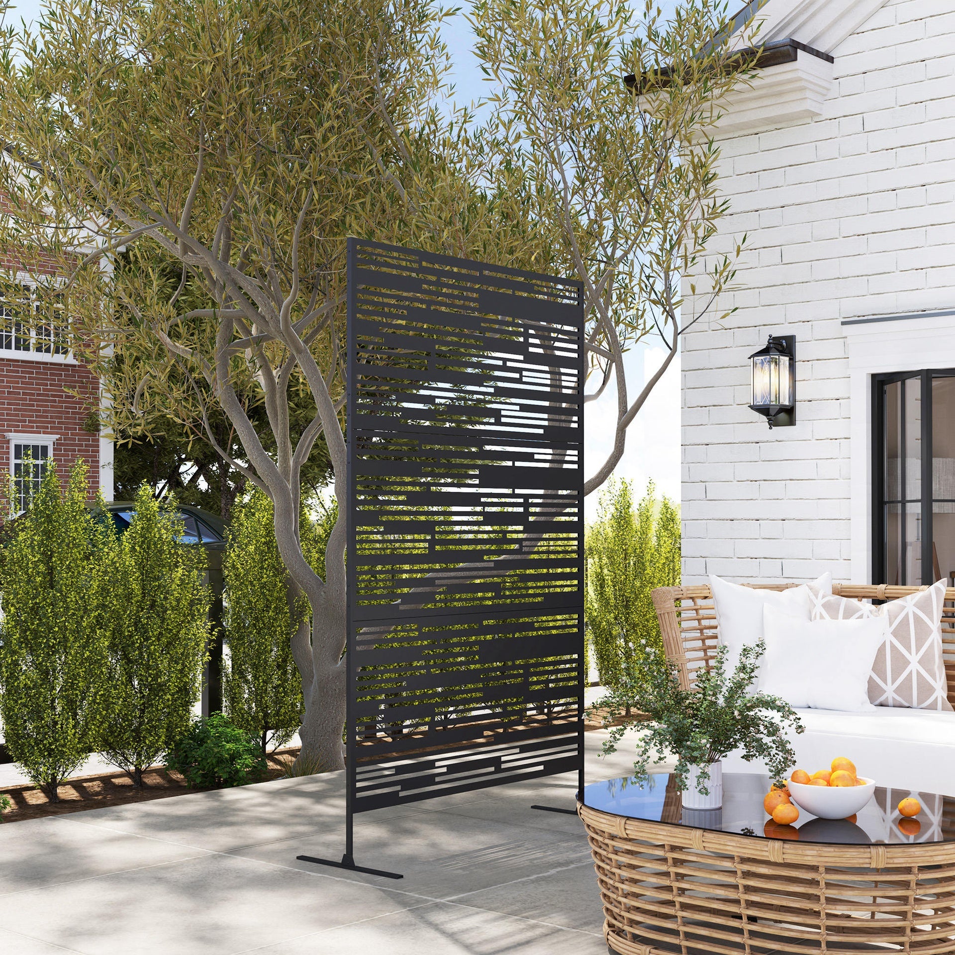 Outsunny 78" H x 48" W Metal Outdoor Privacy Screen, Freestanding Decorative Privacy Fence Screen for Balcony, Black
