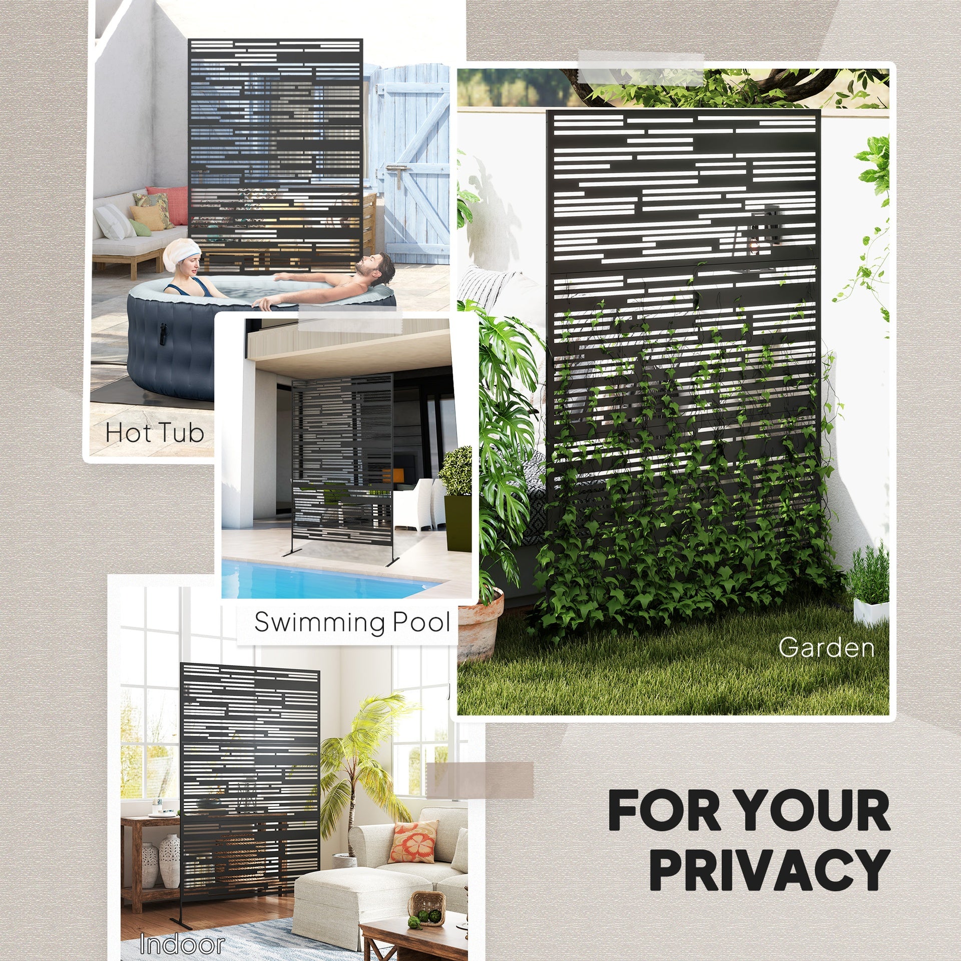 Outsunny 78" H x 48" W Metal Outdoor Privacy Screen, Freestanding Decorative Privacy Fence Screen for Balcony, Black