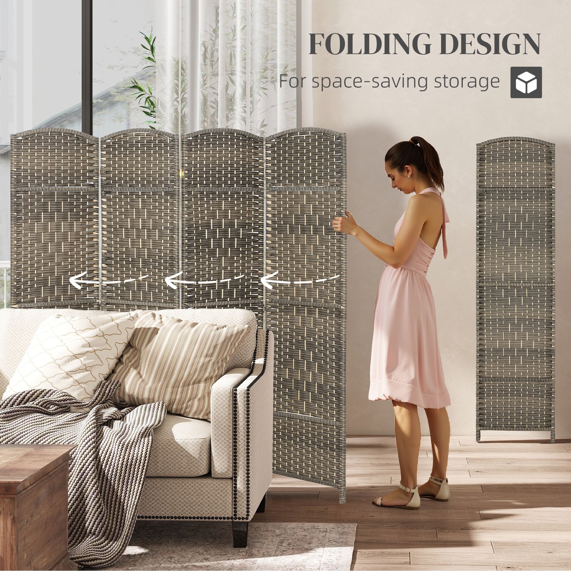 HOMCOM Folding Room Divider Screen 4 Panel 6' Tall Privacy Screen Freestanding Wood Partition for Home Office, Dark Rustic Oak