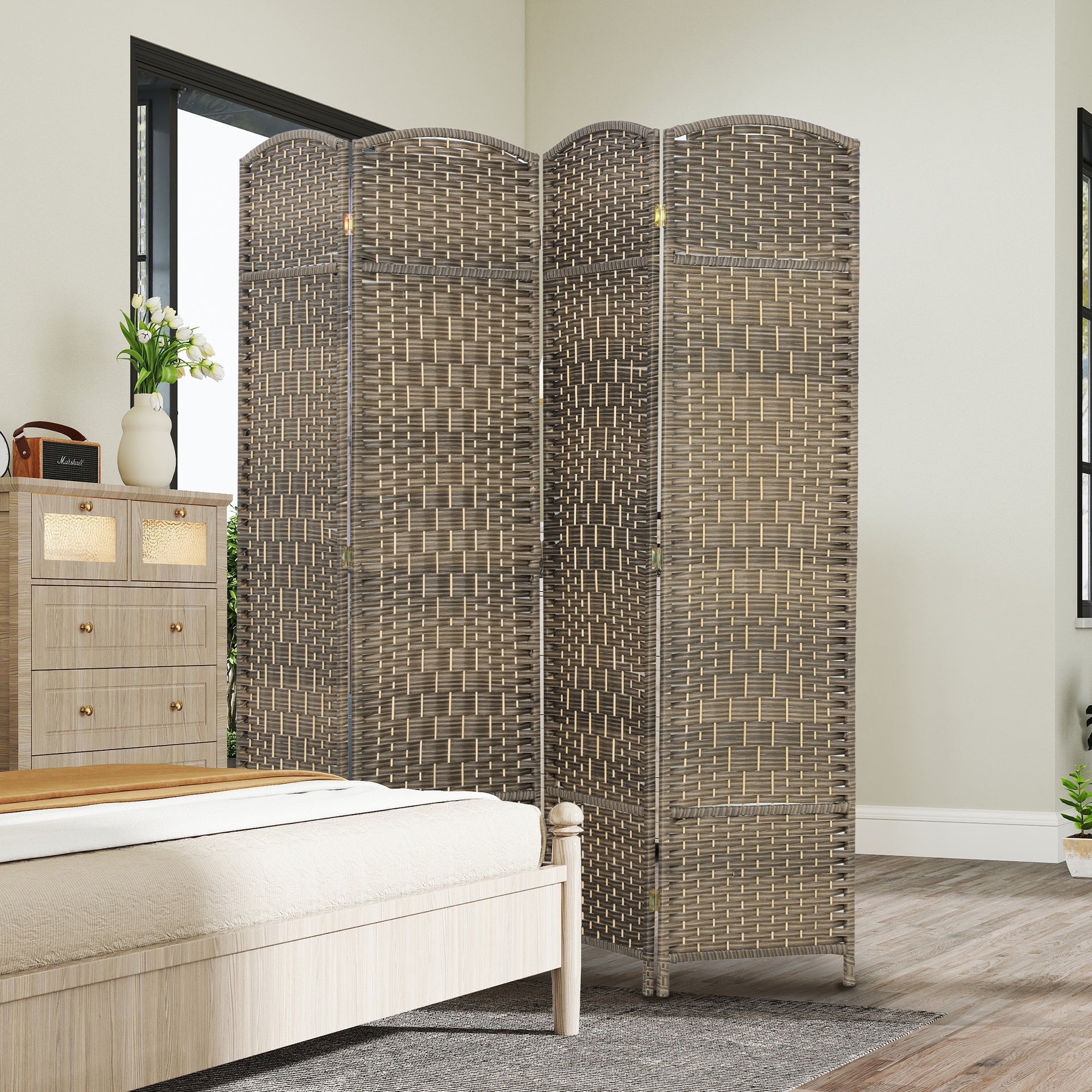 HOMCOM Folding Room Divider Screen 4 Panel 6' Tall Privacy Screen Freestanding Wood Partition for Home Office, Dark Rustic Oak