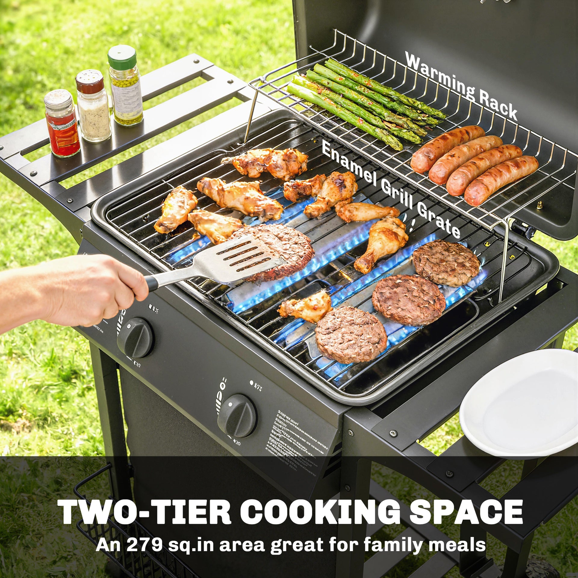 Outsunny 2 Burner Propane Gas Grill, 18000 BTU BBQ Grill with Wheels, Warming Rack, Shelf, Thermometer, Grease Cup, Black
