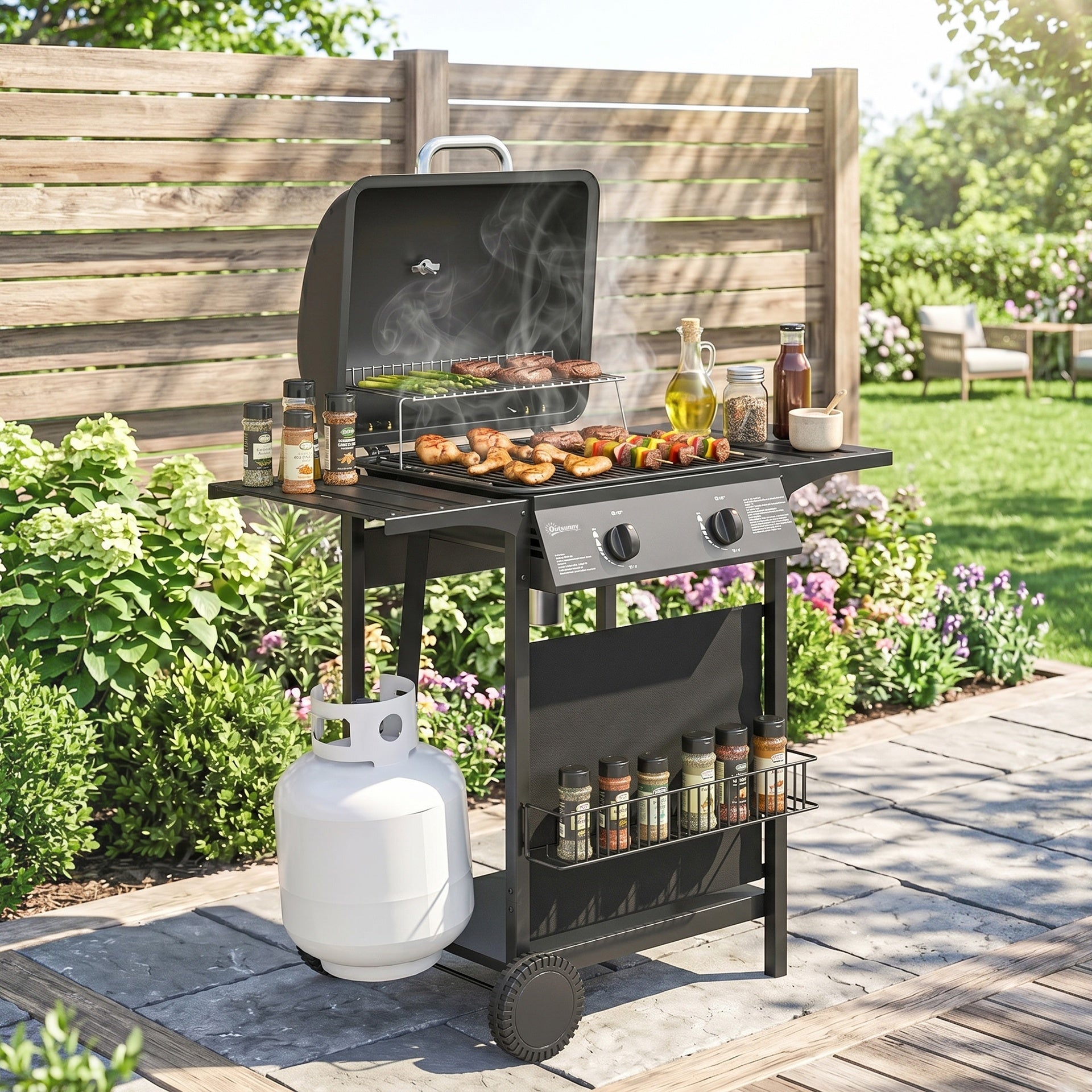 Outsunny 2 Burner Propane Gas Grill, 18000 BTU BBQ Grill with Wheels, Warming Rack, Shelf, Thermometer, Grease Cup, Black
