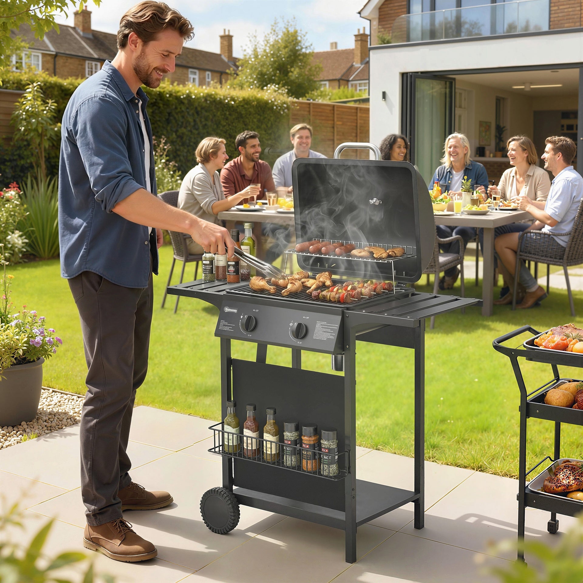 Outsunny 2 Burner Propane Gas Grill, 18000 BTU BBQ Grill with Wheels, Warming Rack, Shelf, Thermometer, Grease Cup, Black