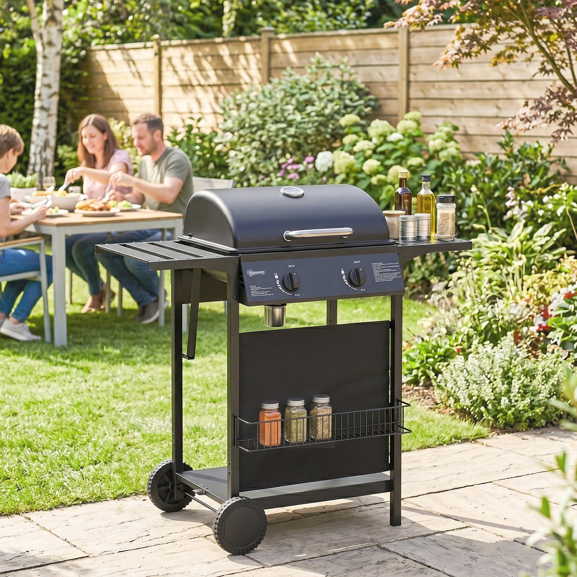 Outsunny 2 Burner Propane Gas Grill, 18000 BTU BBQ Grill with Wheels, Warming Rack, Shelf, Thermometer, Grease Cup, Black