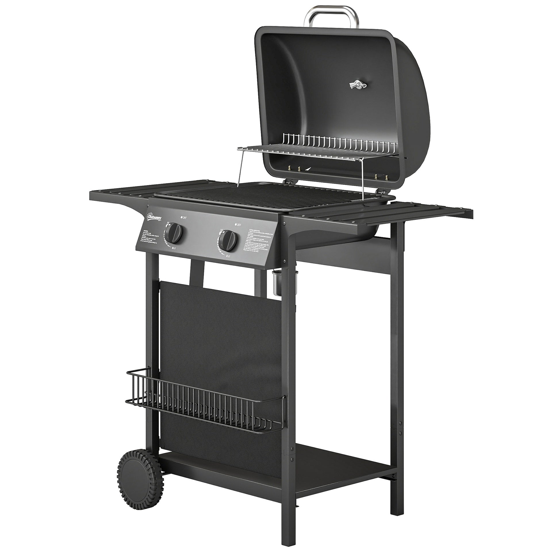 Outsunny 2 Burner Propane Gas Grill, 18000 BTU BBQ Grill with Wheels, Warming Rack, Shelf, Thermometer, Grease Cup, Black