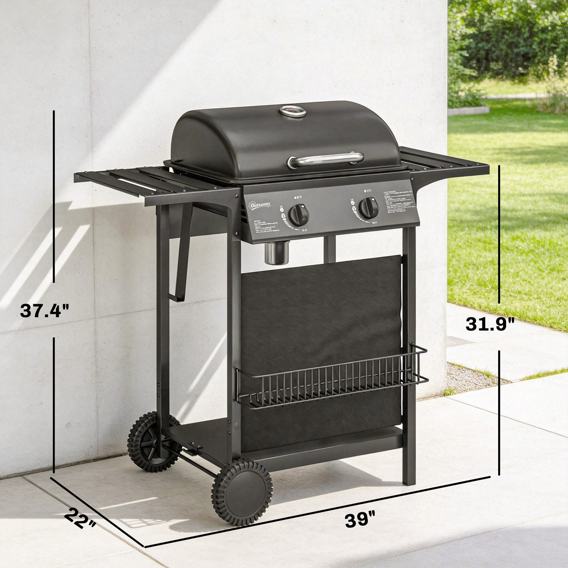 Outsunny 2 Burner Propane Gas Grill, 18000 BTU BBQ Grill with Wheels, Warming Rack, Shelf, Thermometer, Grease Cup, Black
