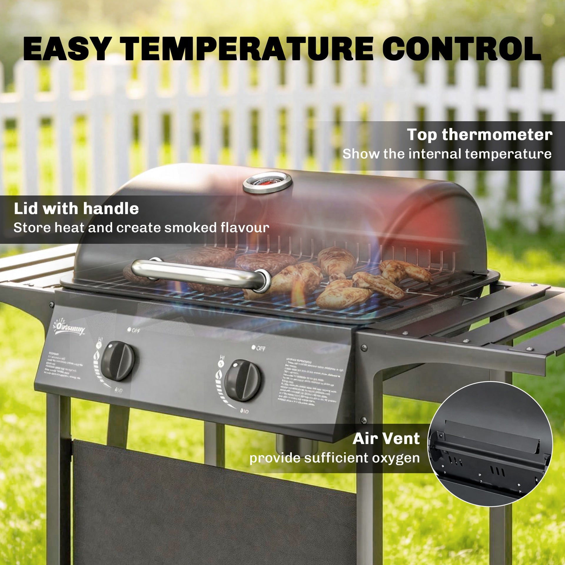 Outsunny 2 Burner Propane Gas Grill, 18000 BTU BBQ Grill with Wheels, Warming Rack, Shelf, Thermometer, Grease Cup, Black