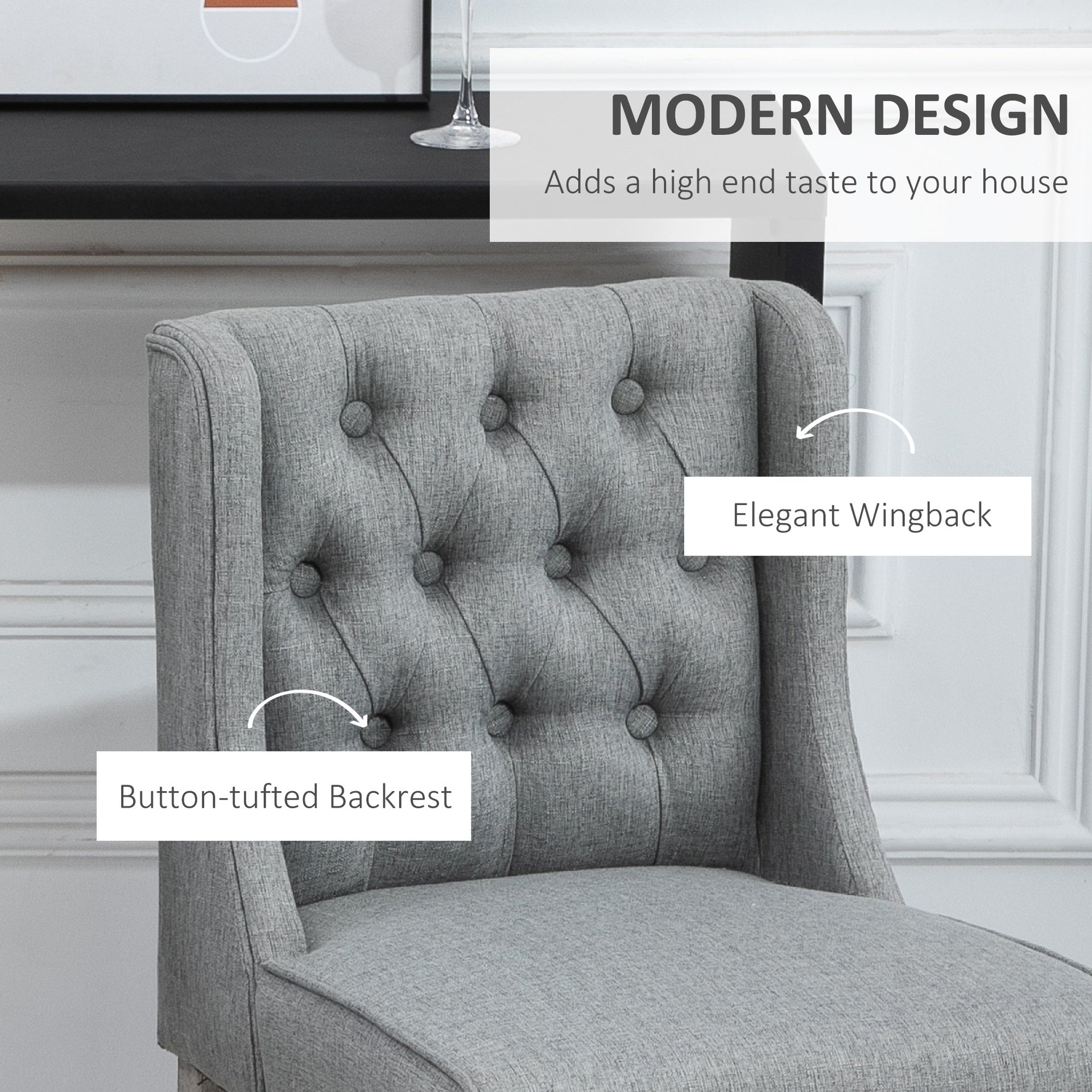HOMCOM 26.25" Counter Height Bar Stools, Tufted Wingback Armless Upholstered Dining Chair with Rubber Wood Legs, Set of 2, Gray