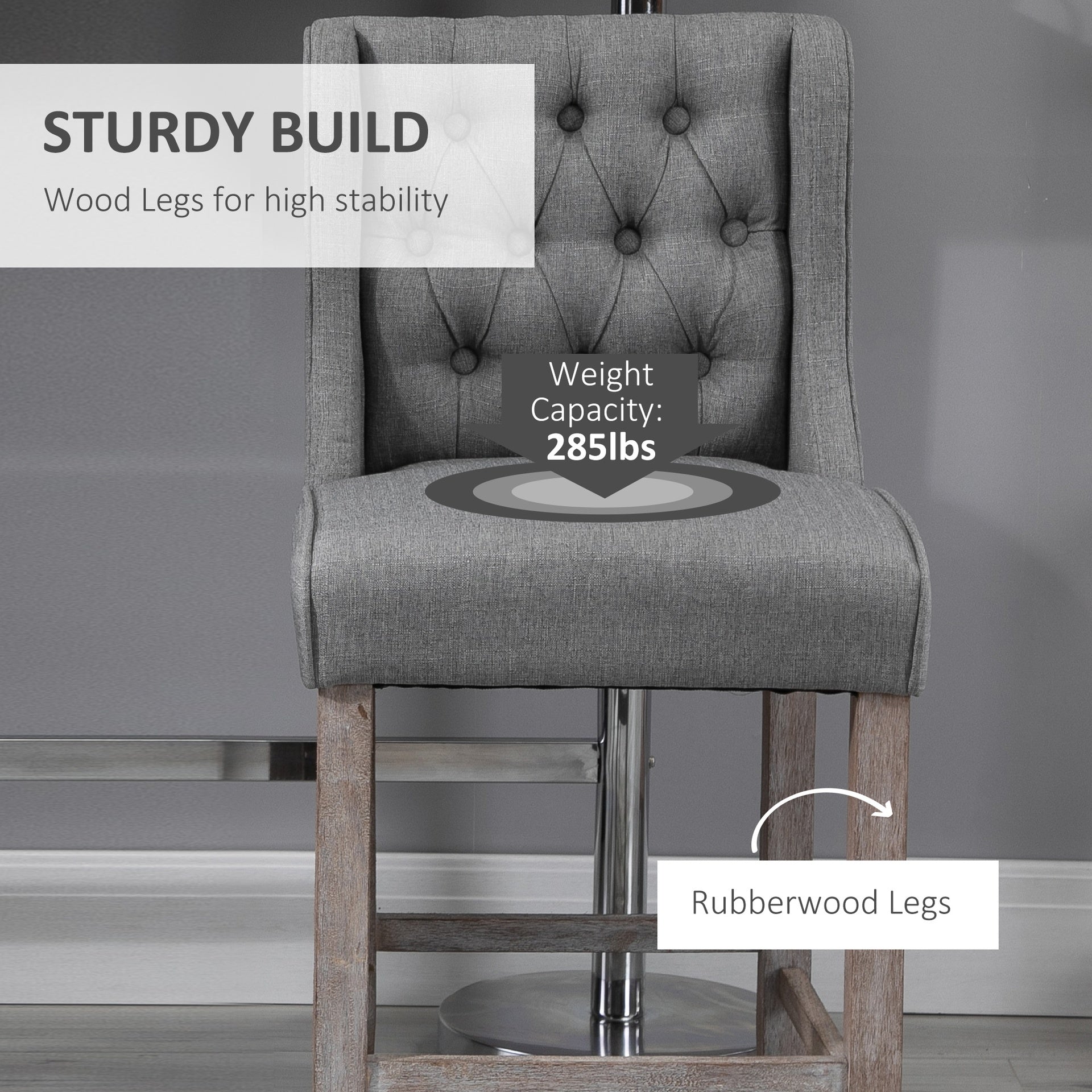 HOMCOM 26.25" Counter Height Bar Stools, Tufted Wingback Armless Upholstered Dining Chair with Rubber Wood Legs, Set of 2, Gray