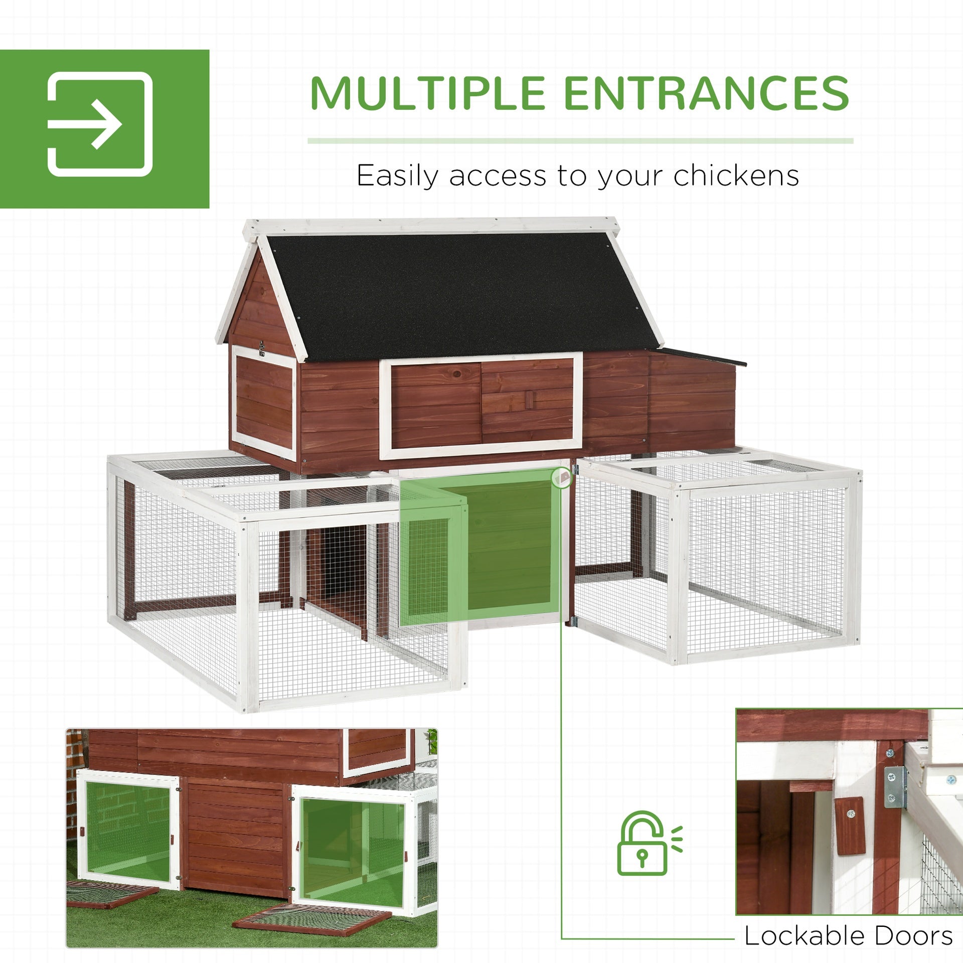 PawHut Wooden Chicken Coop, Outdoor Chicken Cage Poultry Hen House with Nesting Box, Double Runs, Asphalt Roof, Ramp