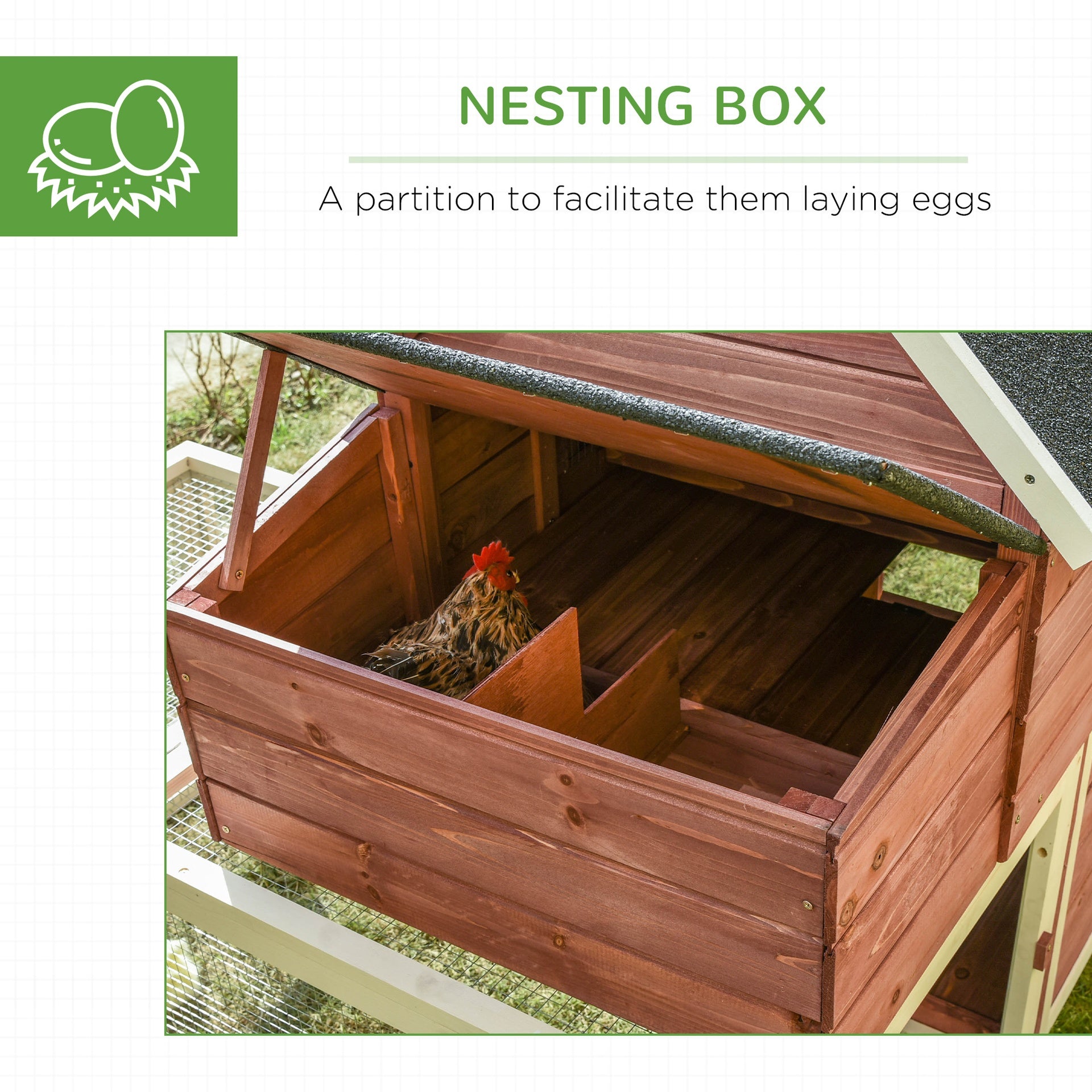PawHut Wooden Chicken Coop, Outdoor Chicken Cage Poultry Hen House with Nesting Box, Double Runs, Asphalt Roof, Ramp