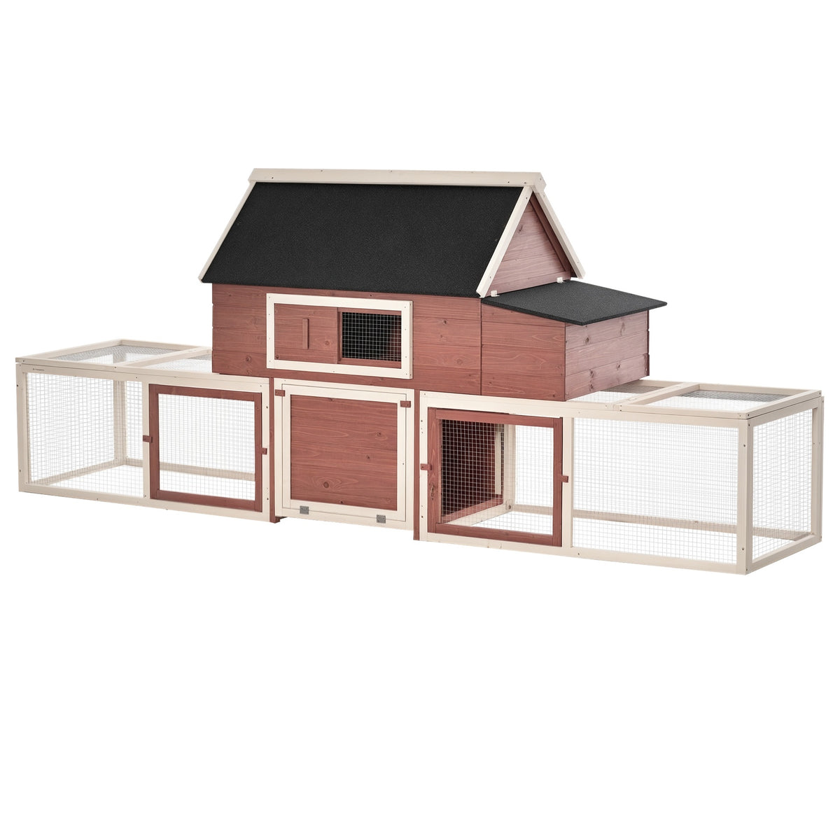 PawHut Wooden Chicken Coop, Outdoor Chicken Cage Poultry Hen House with Nesting Box, Double Runs, Asphalt Roof, Ramp