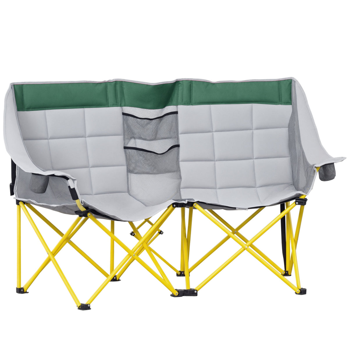 Outsunny Loveseat Style Camping Chair, Oversized Folding Lawn Chair with Carry Bag & Cup Holders, for Outdoor, Beach, Picnic, Hiking, Travel, Green & Gray