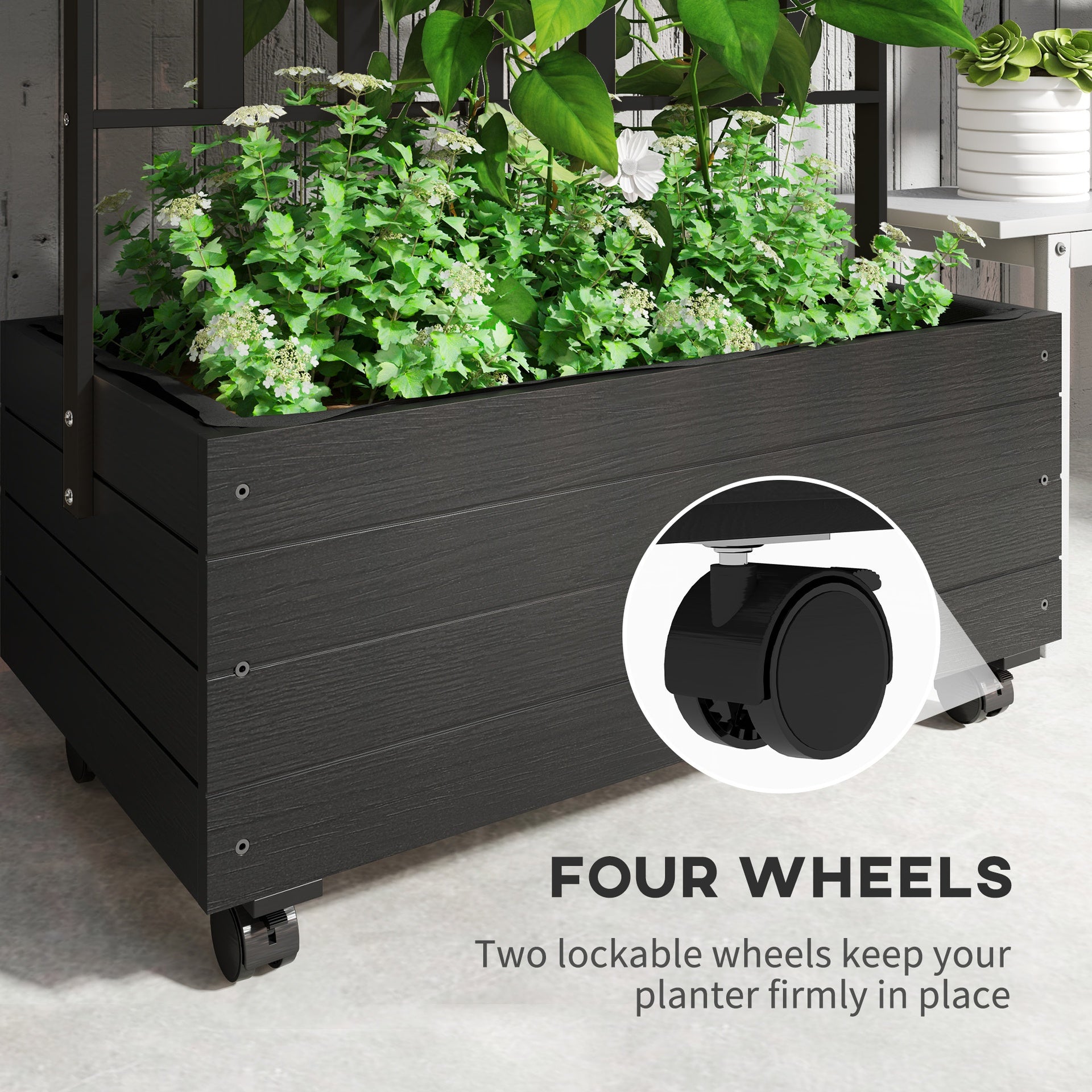 Outsunny Raised Garden Bed with Trellis and Wheels, Outdoor Planter Wooden Elevated Garden Bed for Garden, Patio, Balcony